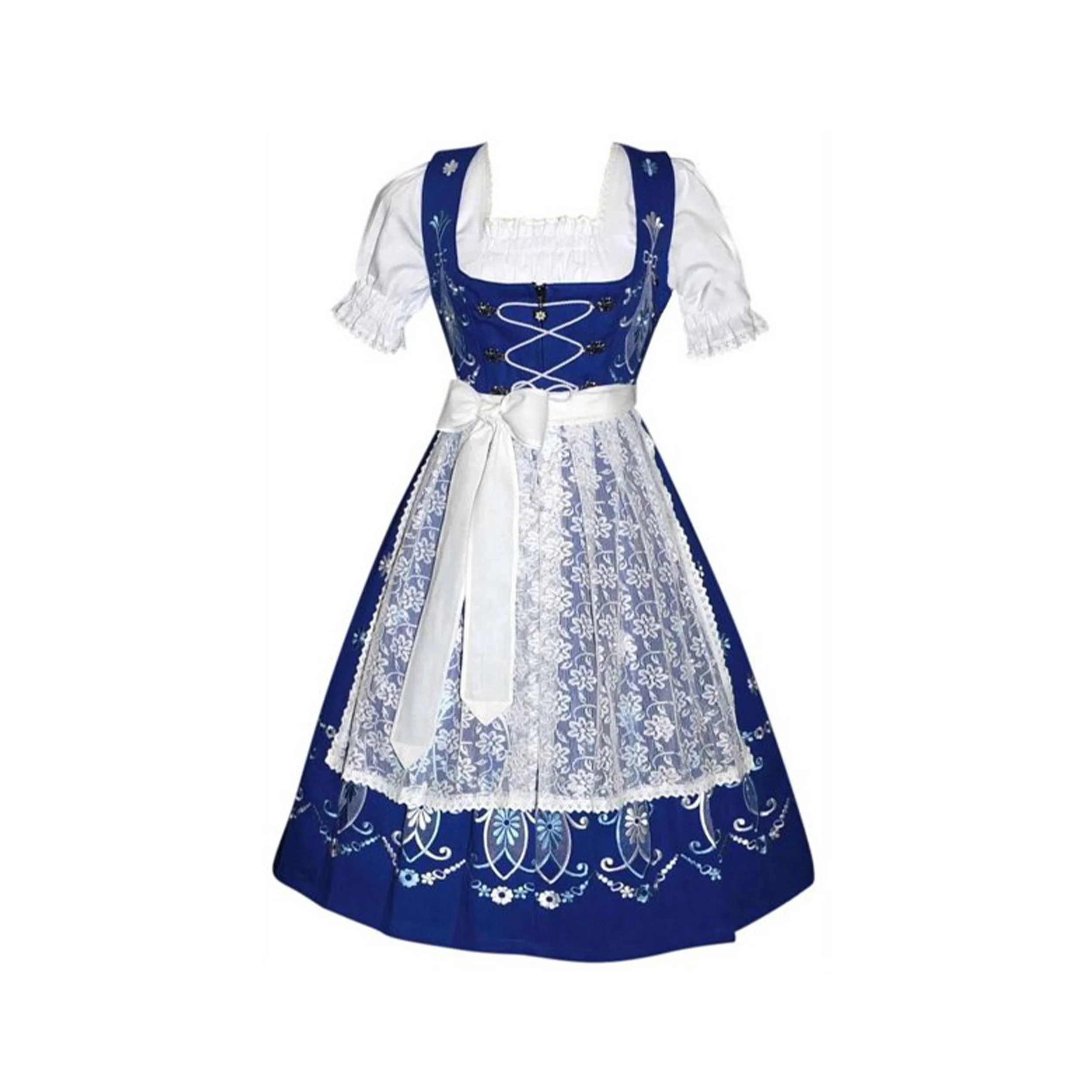Dirndl Trachten Haus 3 Piece Long German Oktoberfest Dirndl Cotton Dress for Womens and Girls - Blue