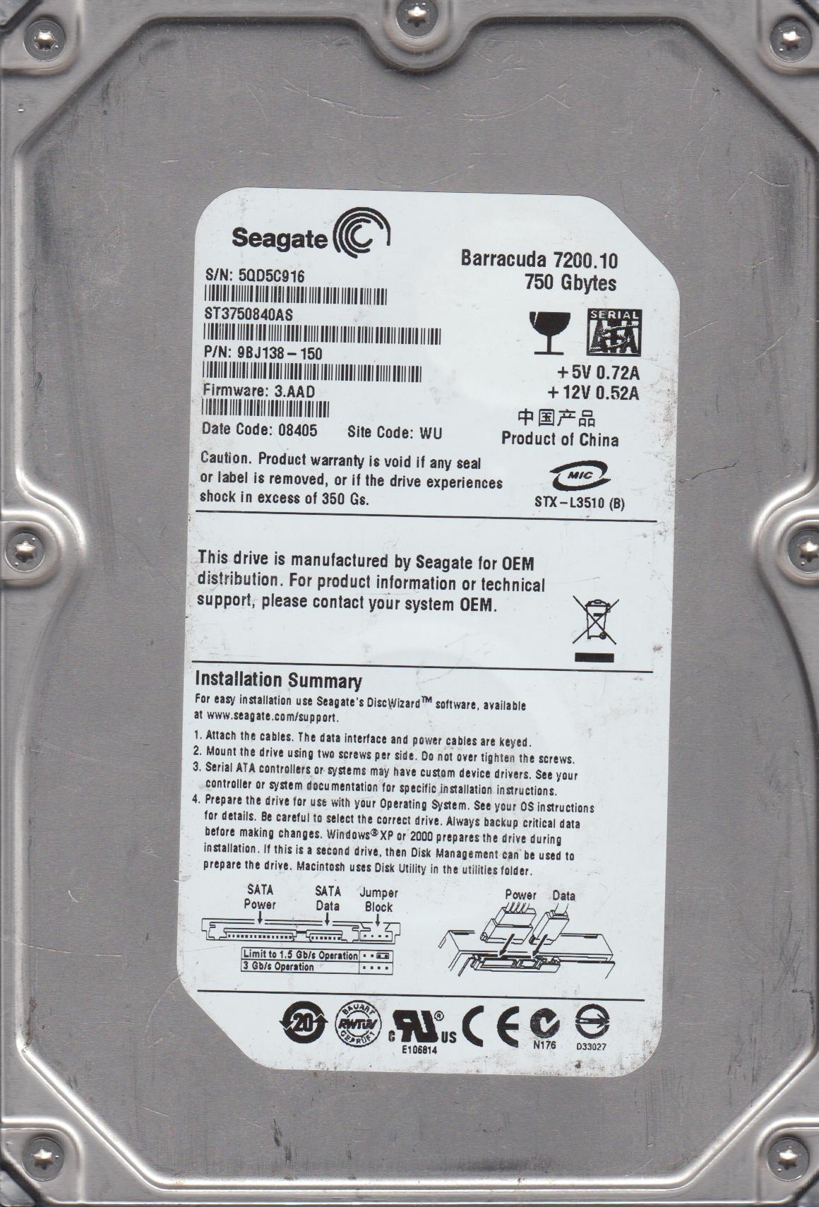 ST3750840AS, 5QD, WU, PN 9BJ138-150, FW 3.AAD, Seagate 750GB SATA 3.5 Hard Drive