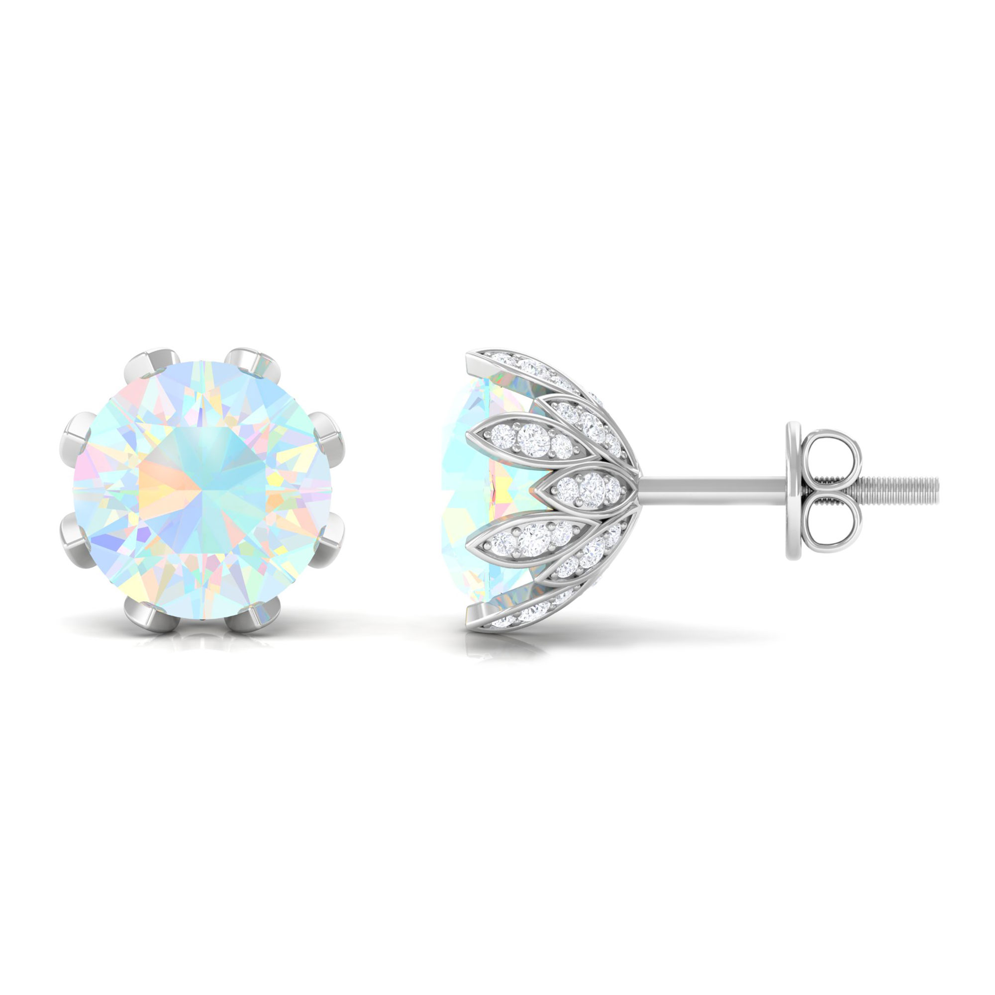 Ethiopian Opal Floral Stud Earrings for Women with Diamond (8 mm, AAA Grade), 925 Sterling Silver