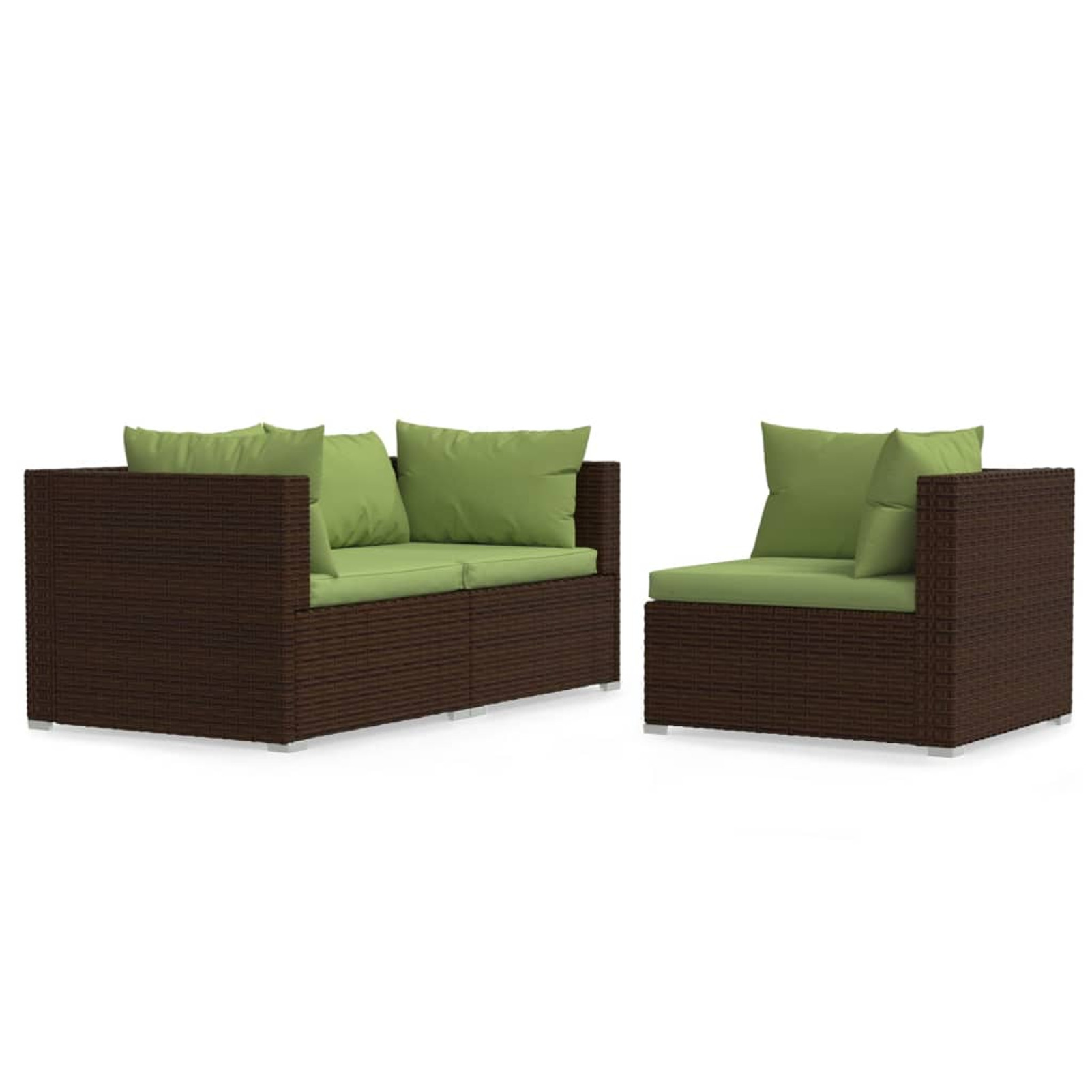 Dcenta 3 Piece Patio Lounge Set with Green Cushions 3 Corner Sofas Brown Poly Rattan Outdoor Sectional Sofa Set Steel Frame for Garden, Balcony, Lawn, Yard, Deck