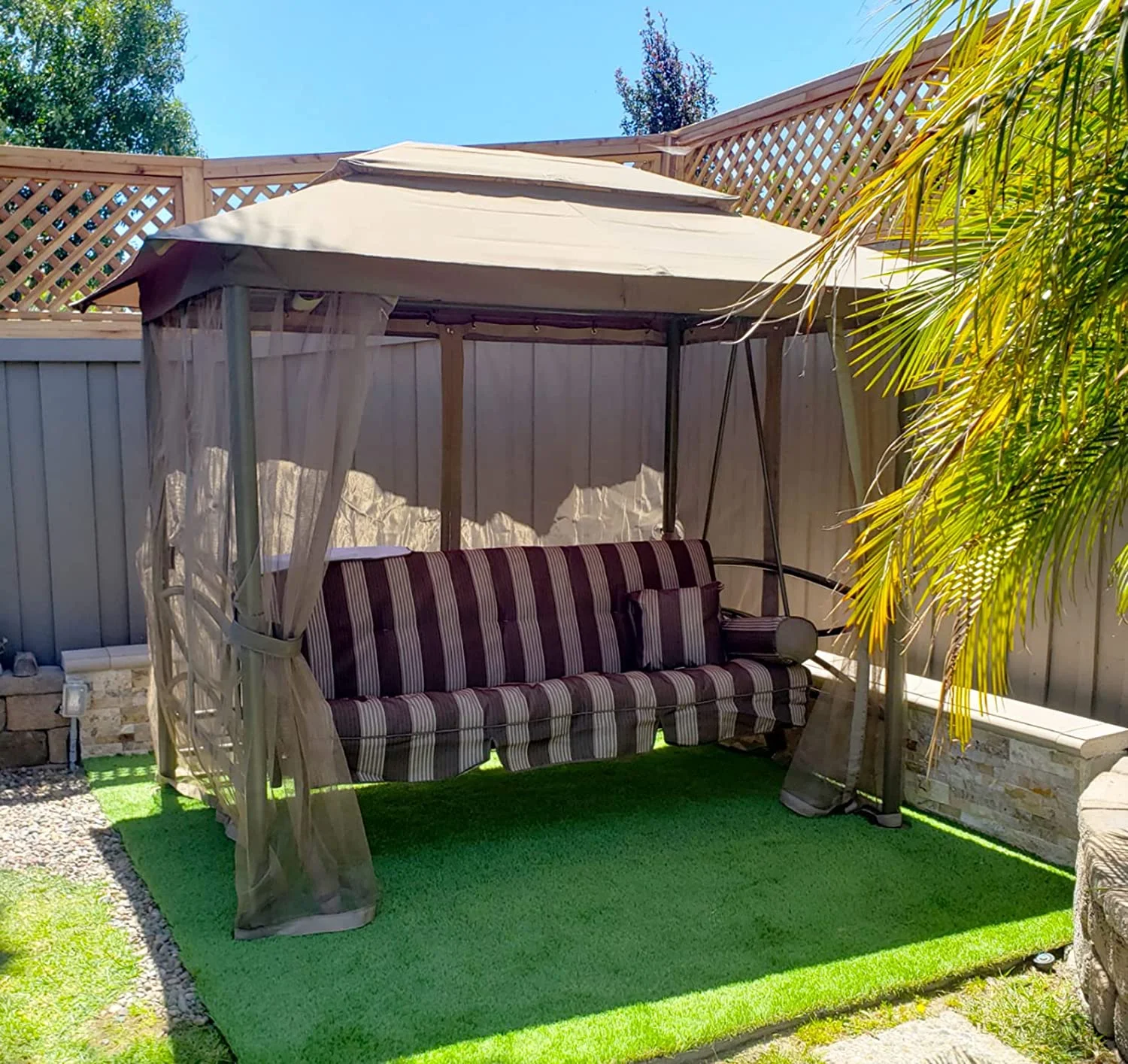 PURPLE LEAF 3 Person Deluxe Double Top Outdoor Patio Porch Gazebo Swing with Netting & Gazebo Curtain