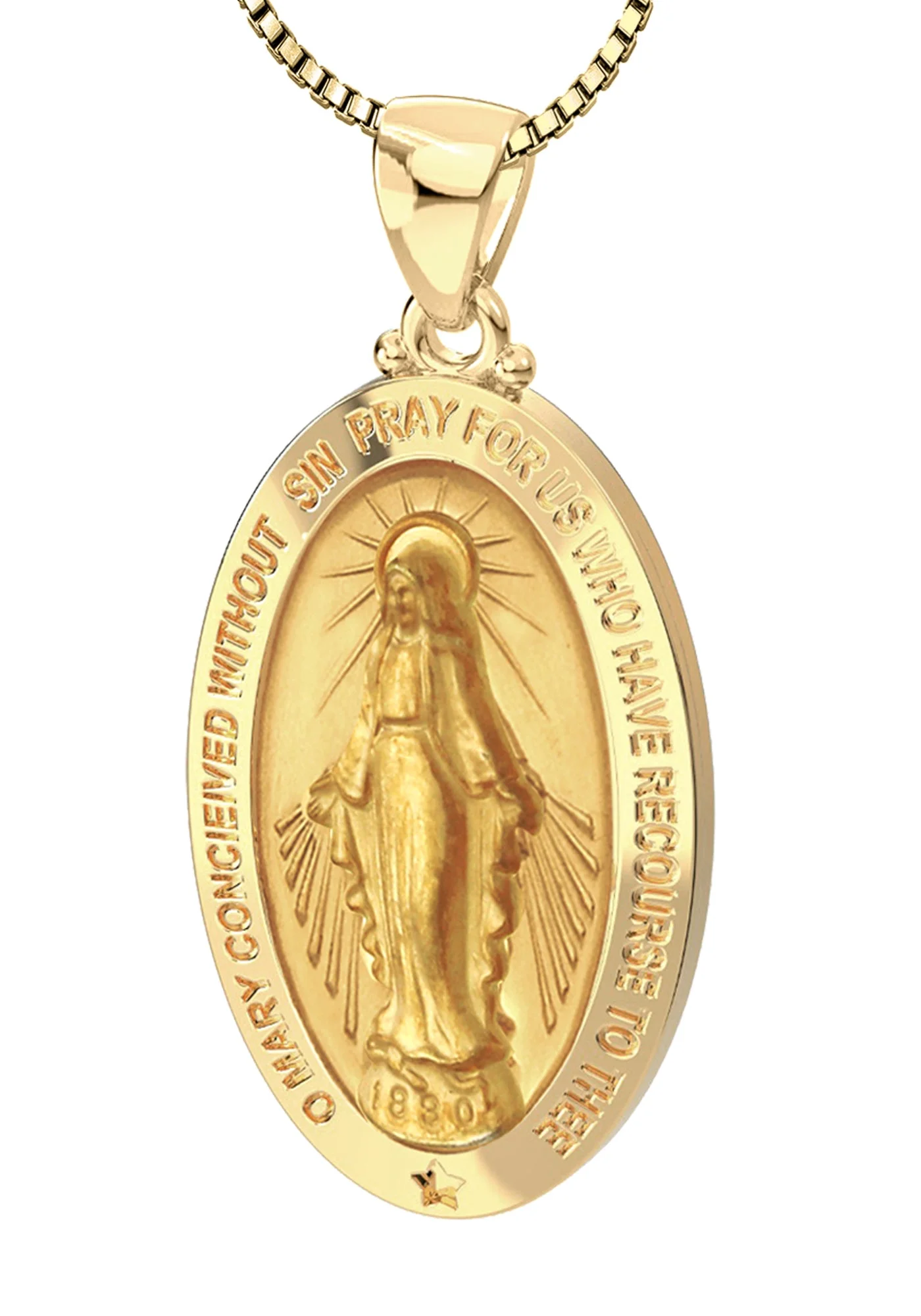 Ladies 14K Yellow Gold Miraculous Virgin Mary Hollow Oval Polished Pendant Necklace, 26mm