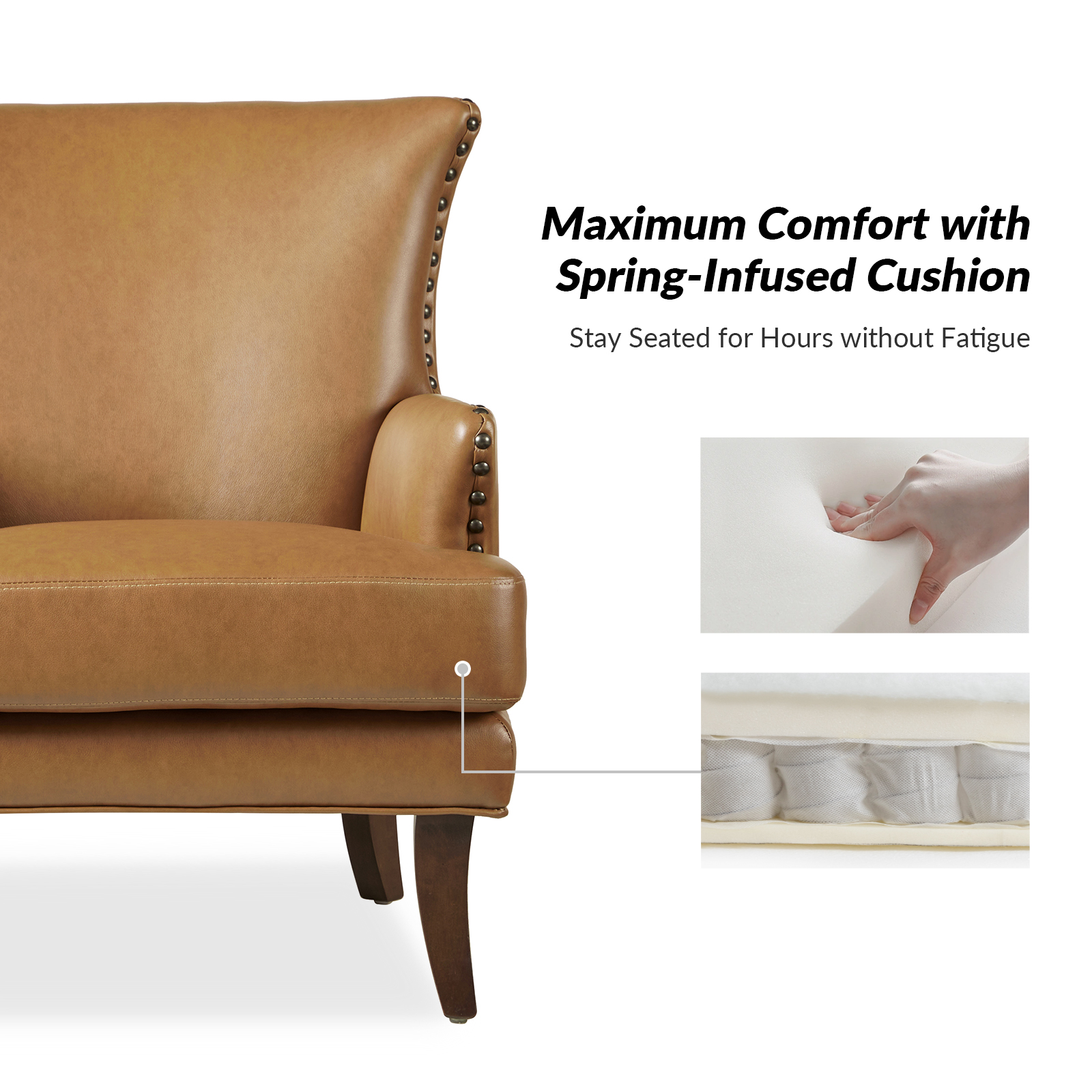 Leather Upholstered Sofa Armchair, Tina's Home  Accent Chair Wood Leg Living Room Bedroom Adult Camel