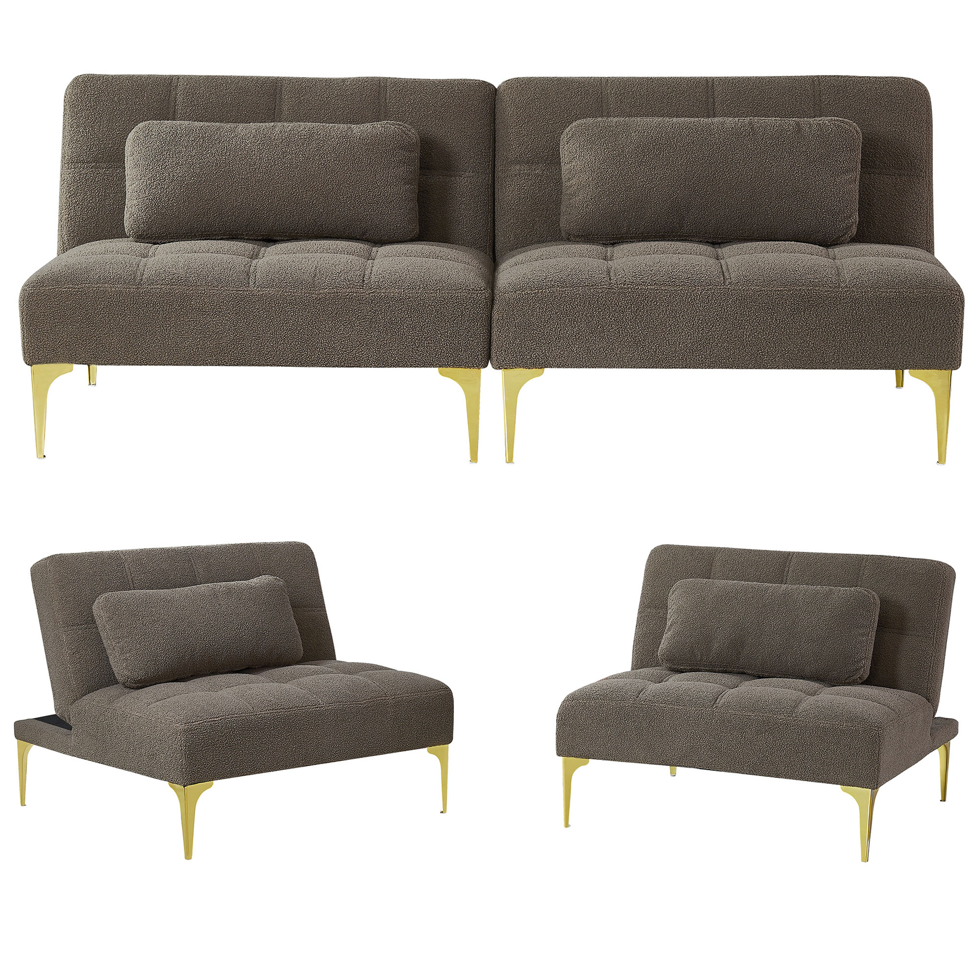 Simple and Leisure Style Teddy Fabric Upholstered Three-seat Futon Sofa with 2 Pillow and Gold Metal Legs for Living Room, Bedroom, Taupe