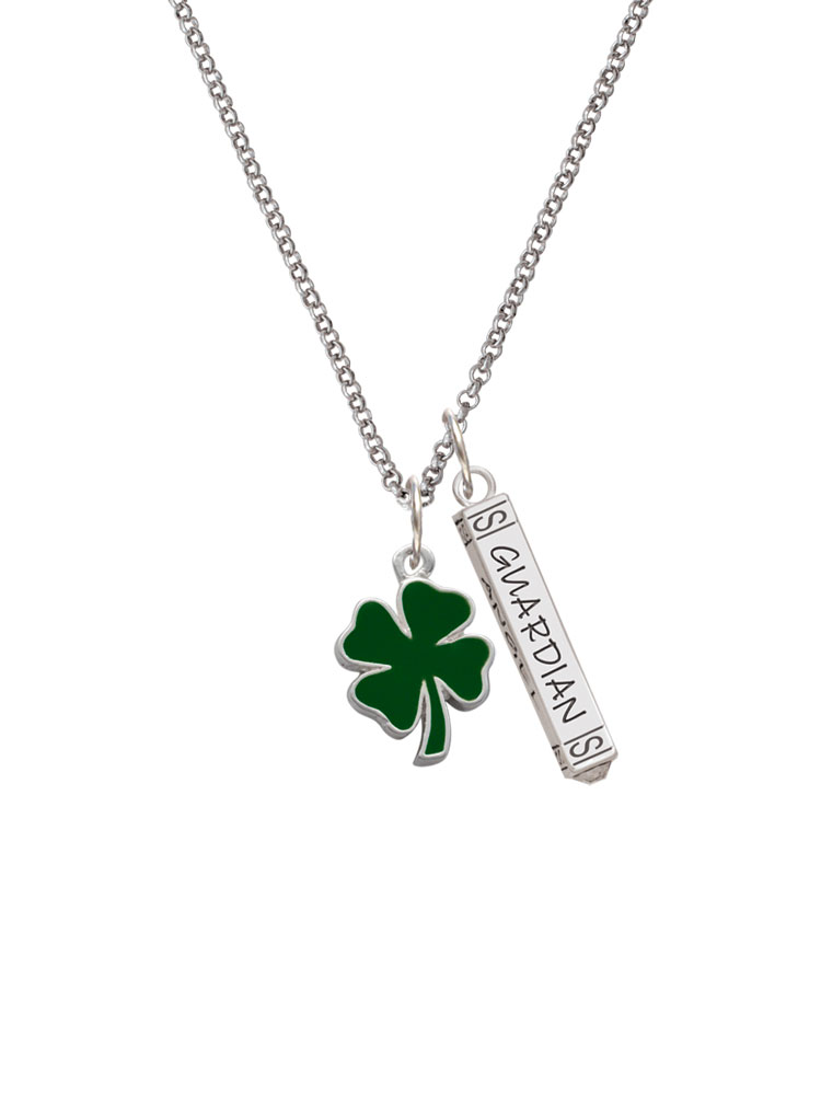 Delight Jewelry Silvertone Two Sided Green Enamel Lucky Four Leaf Clover Silvertone Guardian Angel Bar Charm Necklace, 23