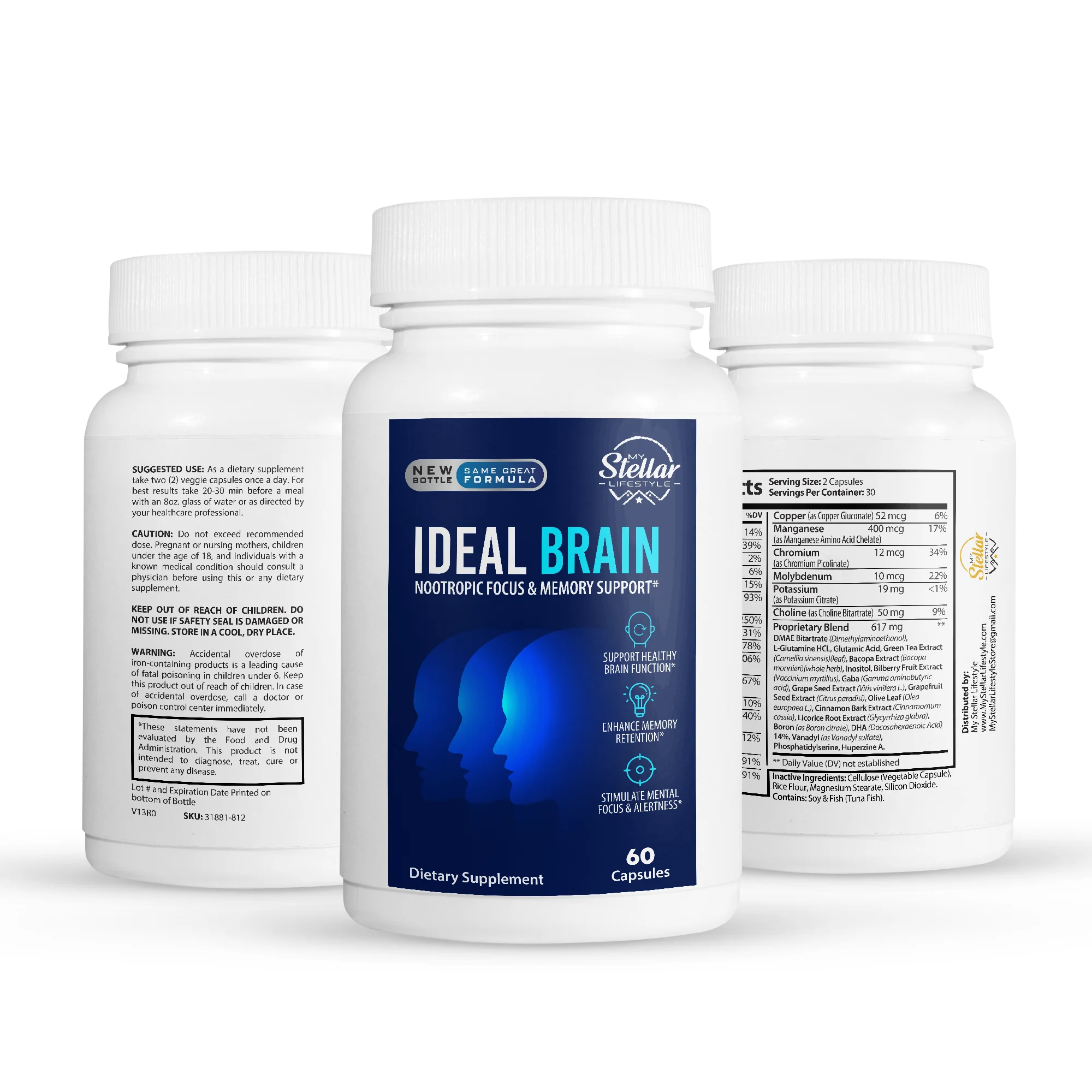 3 Pack Ideal Brain, support healthy brain function-60 Capsules x3