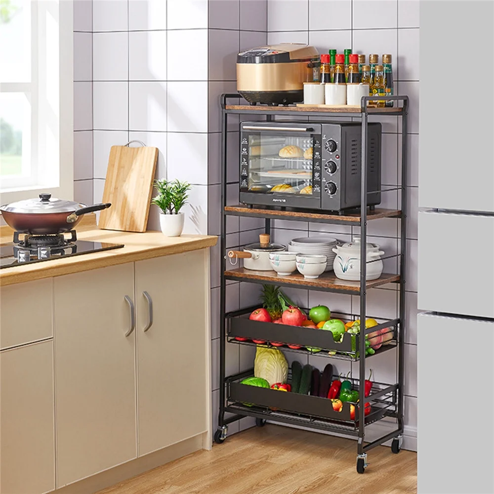 ANQIDI Kitchen Storage Rack Multifunctional Movable 5 Tier Rolling Utility Trolley Cart Organizer Shelves with Sliding Drawers