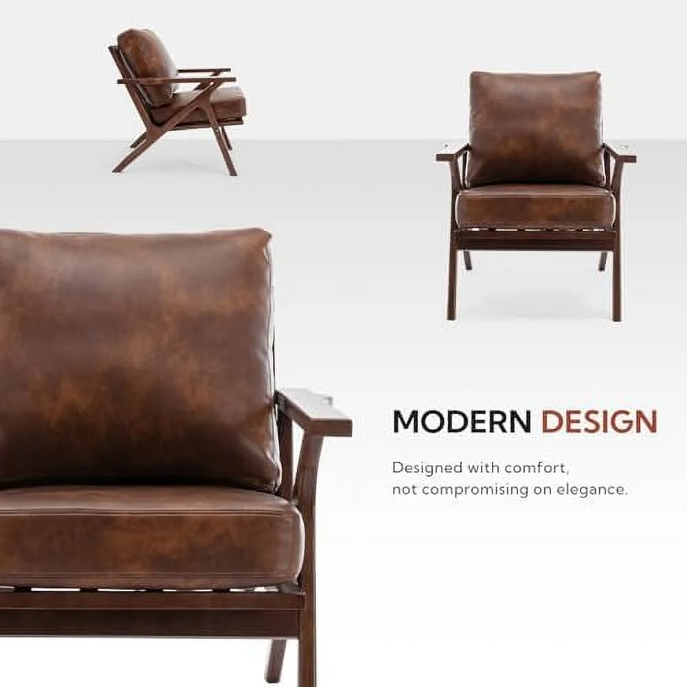 TJUNBOLIFE Mid-Century Modern Accent Chair for Living Room  Comfy Upholstered Faux Leather Armchair  Retro Leisure Reading Nook Chair with Wooden Frame  Brown