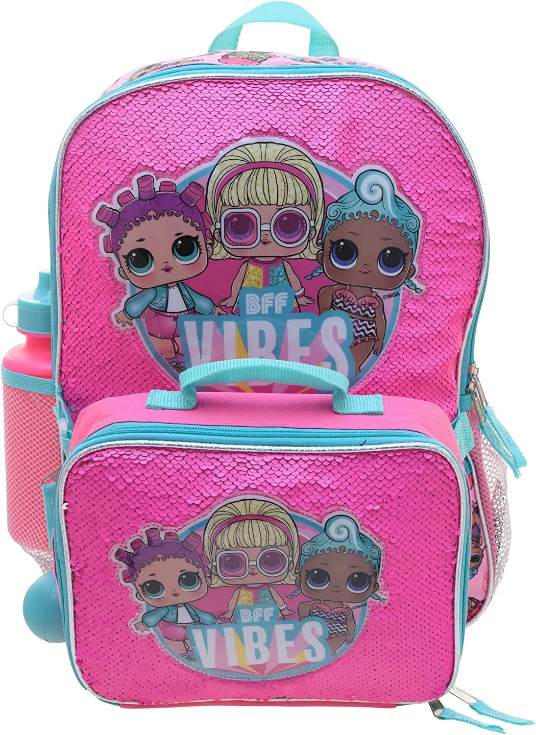 LOL Girl’s 4 Piece Backpack Set, Sequin School Bag with Front Zip Pocket, 2 Side Mesh Pockets, Insulated Lunch Bag, Water Bottle and Squish Ball Dangle, Turquoise Rainbow…