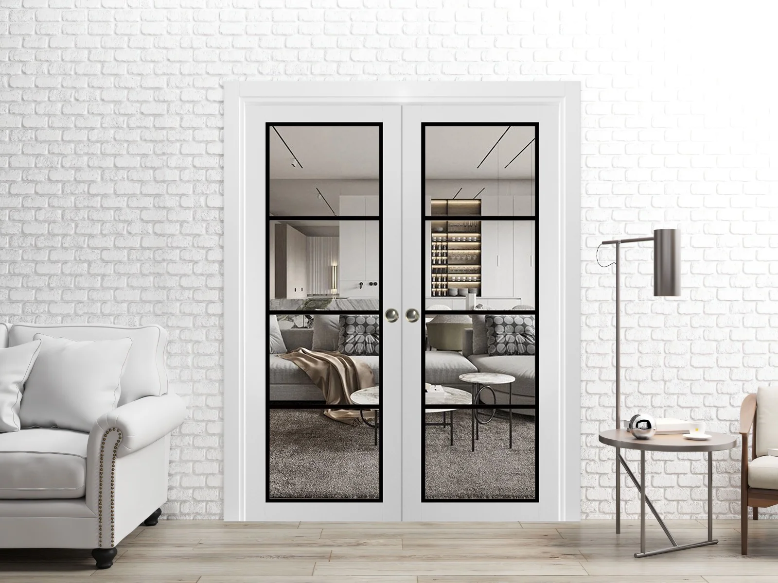 Sliding French Double Pocket Doors 48 x 96 inches | Lucia 2466 White Silk Clear Glass | Kit Trims Rail Hardware | Solid Wood Interior Bedroom Sturdy Doors