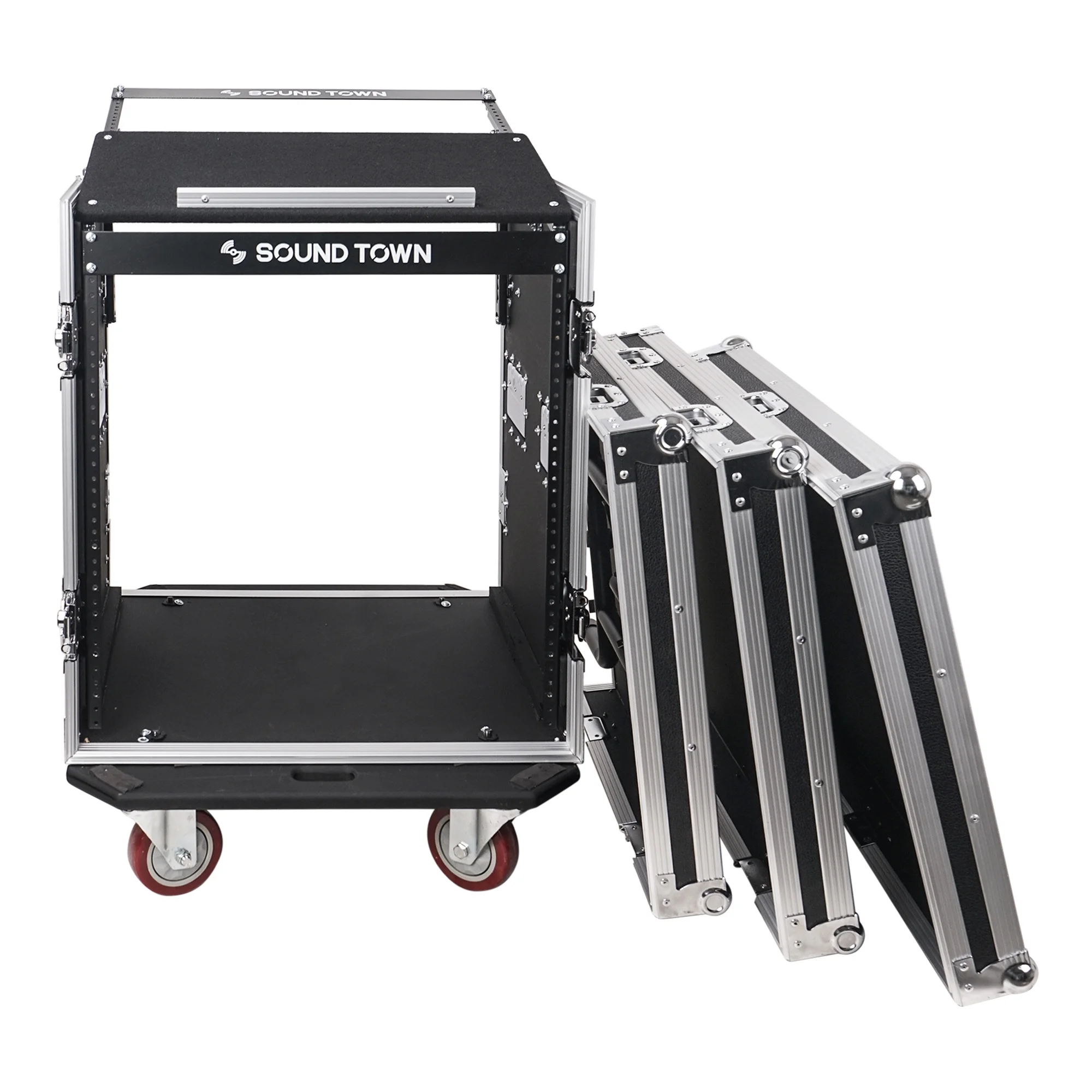 Sound Town 12U PA DJ Pro Audio Rack/Road ATA Case with 11U Slant Mixer Top, Locking Drawer, Side Table, 20’’ Rackable Depth and Casters - Pro Tour Grade (STMR-12TD2)