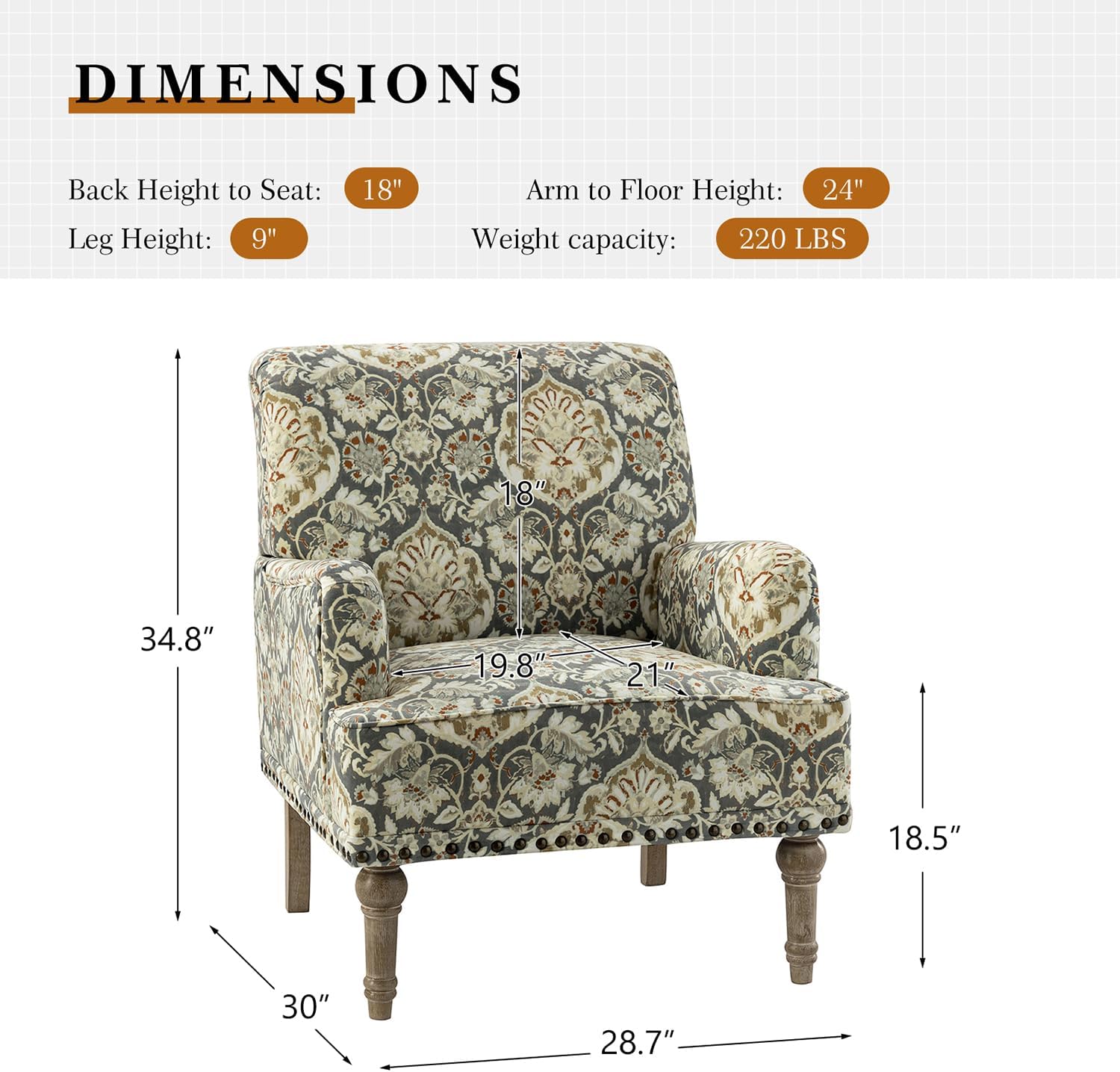 Moder Armchair With Woode Legs & ailhead Trim, Comfy Upholstered Accet Chair For Livig Room Bedroom (Floral Patters, Pie)