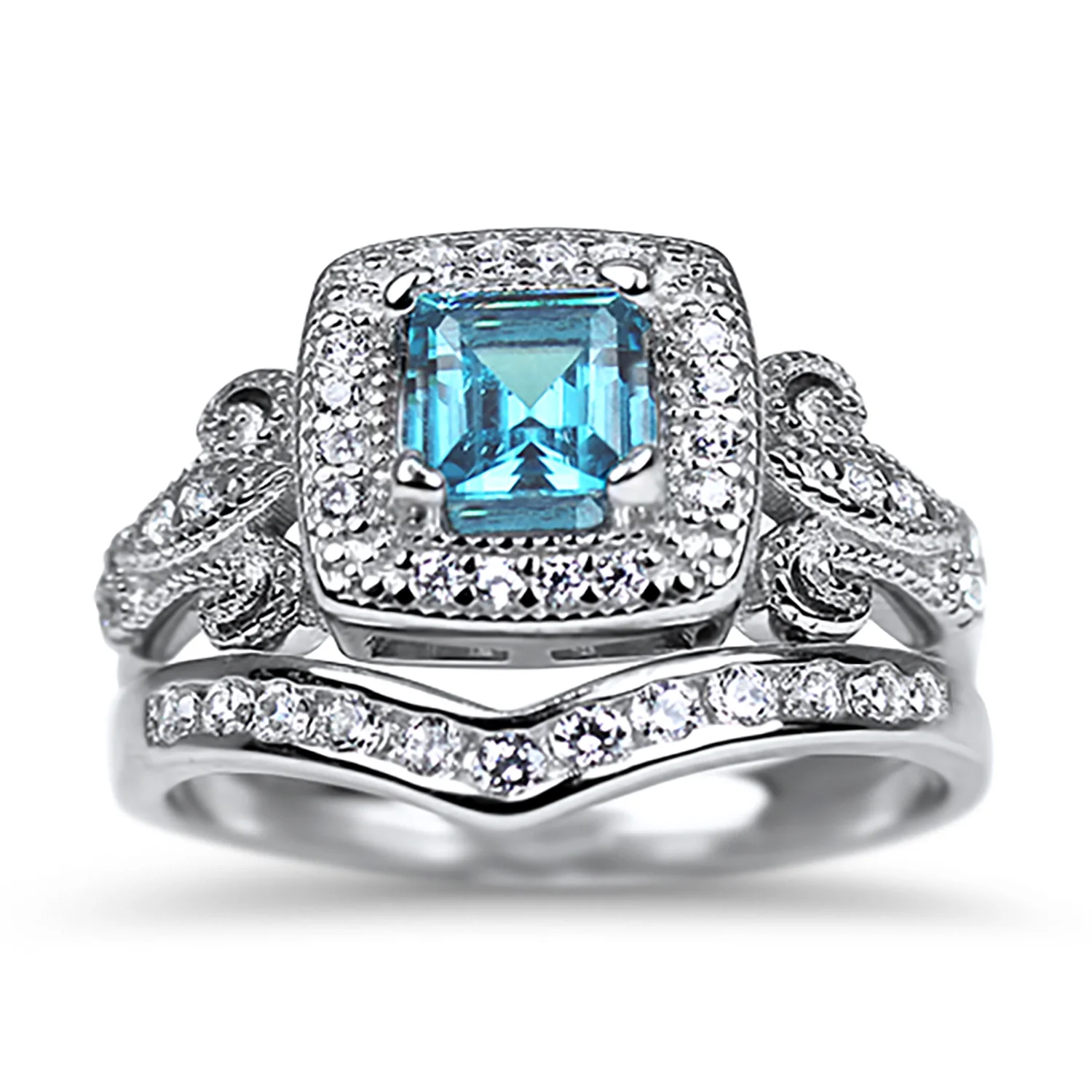 LaRaso & Co Trio His Hers Blue Topaz CZ Silver Wedding Engagement Ring Set for Her Titanium for Him
