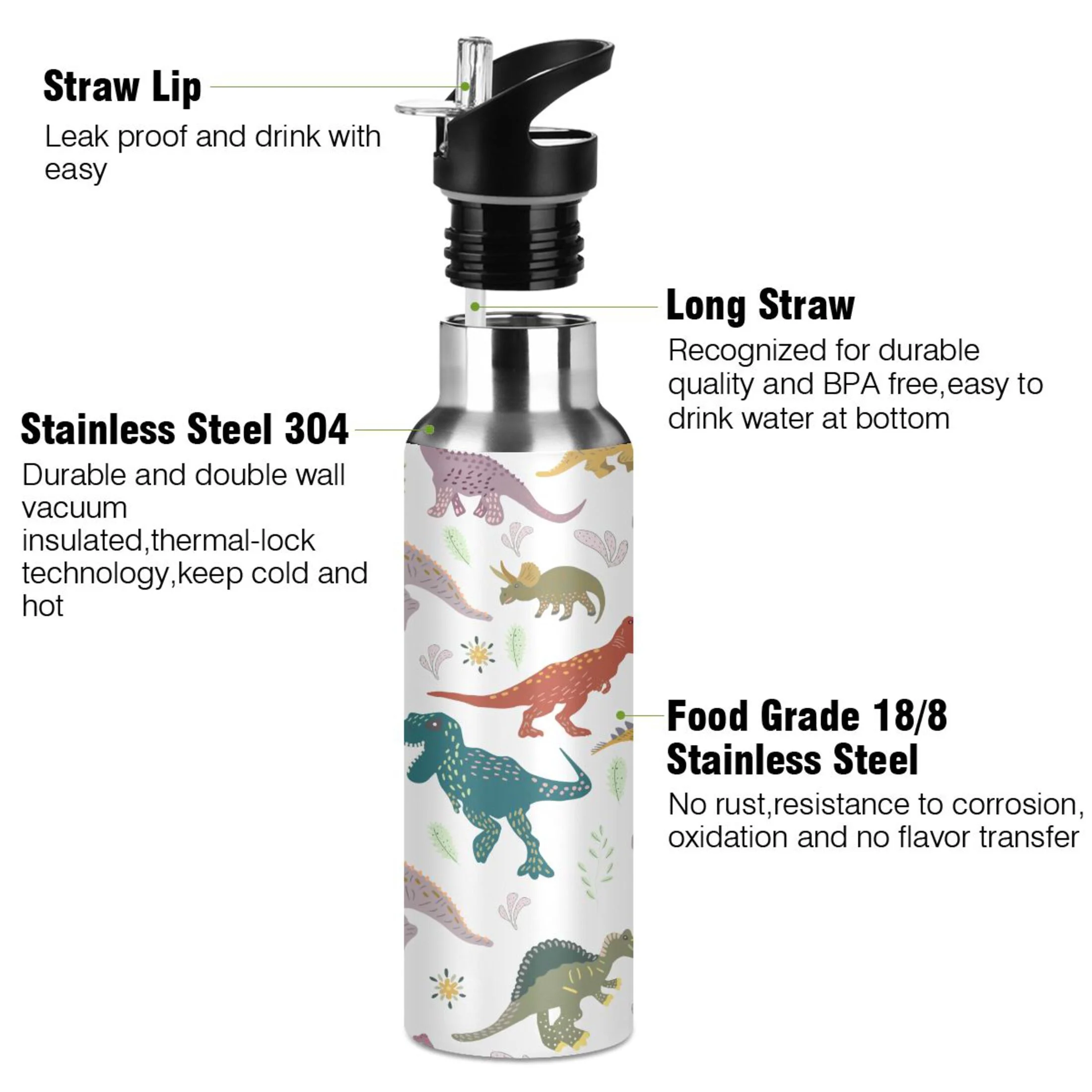 Water Bottle with Straw Lid Leak Dinosaurs Cute Stainless Steel Insulated Thermos Vacuum Flask for Cold Hot Drinking for Sports Camping Gym Yoga
