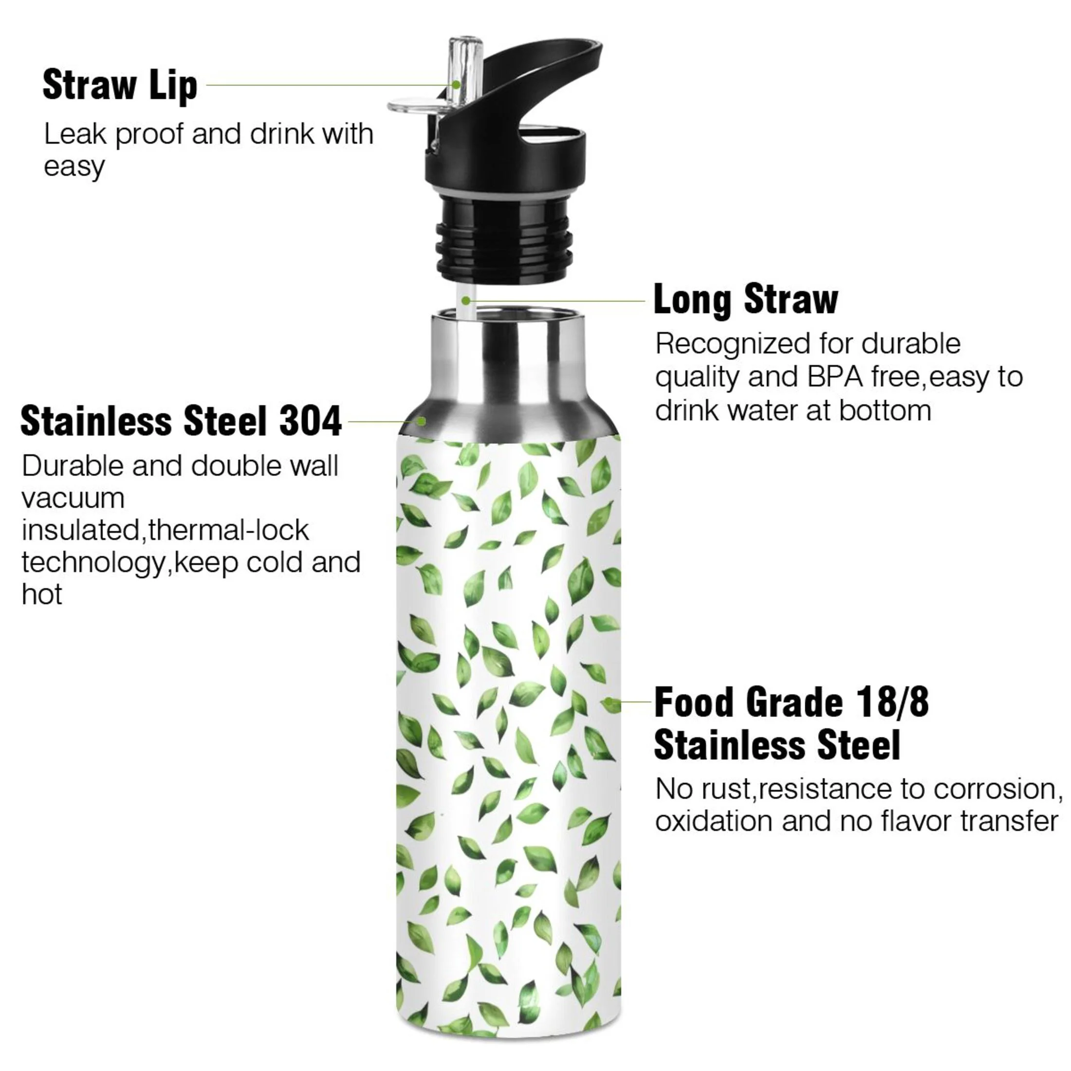 Green Leaves Water Bottles Insulated Thermos Kids Stainless Steel Bottle with Straw Lid Flask Leakproof for Sports Gym 20 oz