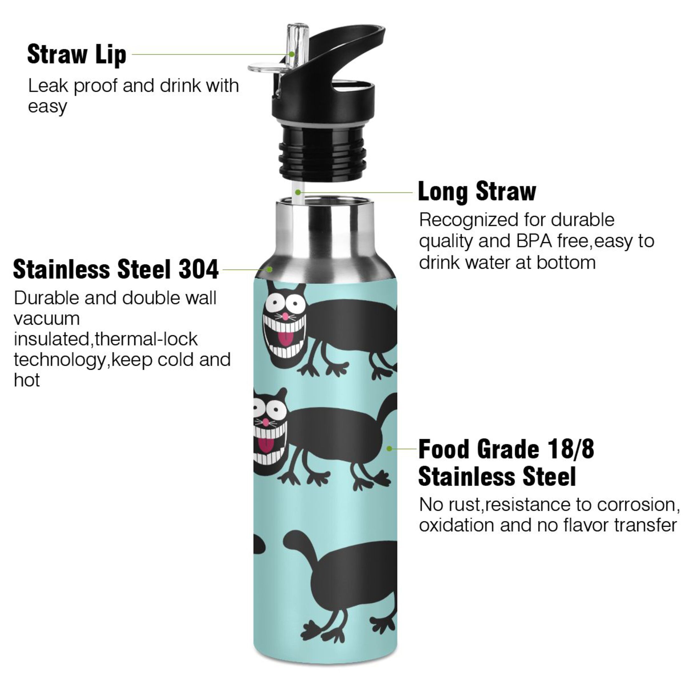 Water Bottle with Straw Lid Leak Cartoon Cat Stainless Steel Insulated Thermos Vacuum Flask for Cold Hot Drinking for Sports Camping Gym Yoga
