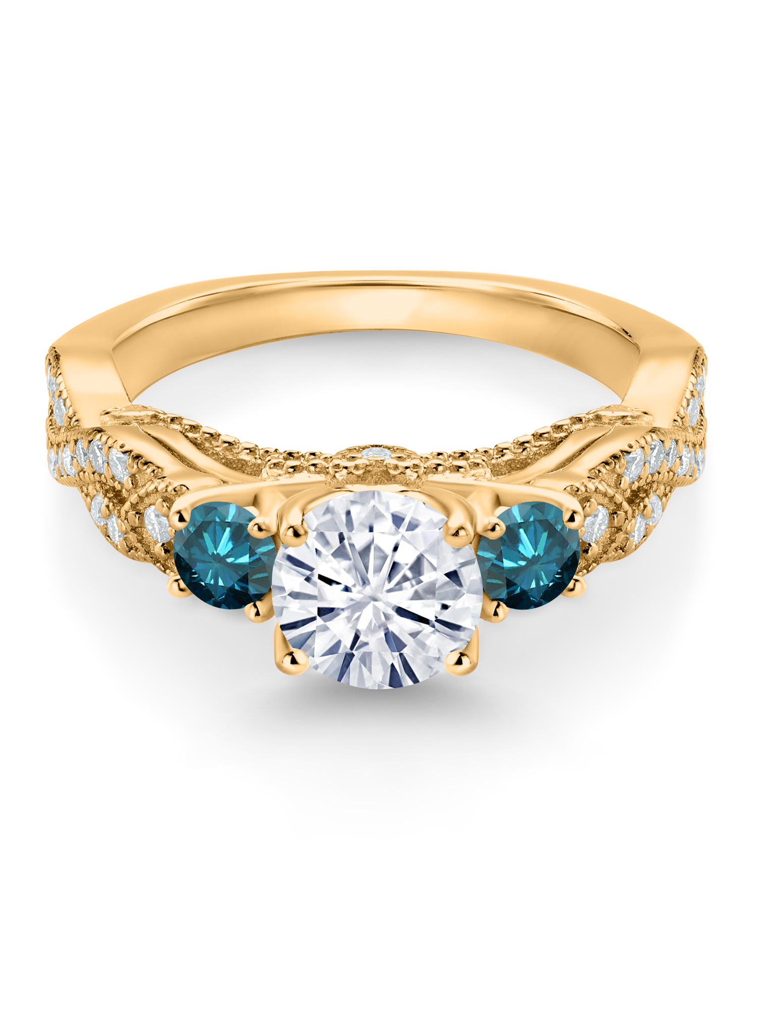Gem Stone King 18K Yellow Gold Plated Silver White Moissanite Blue Diamond and White Moissanite Engagement Ring For Women (1.27 Cttw, Gemstone, Round 6MM and 3MM)