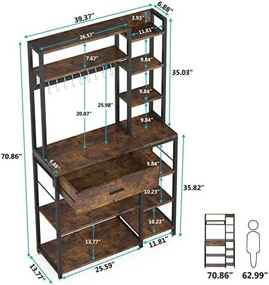 HBBOOMLIFE Baker's Rack with Drawer  70.9 inch Kitchen   Rack  5-Tier+6-Tier Microwave Stand with 10 Hooks (Rustic Brown)