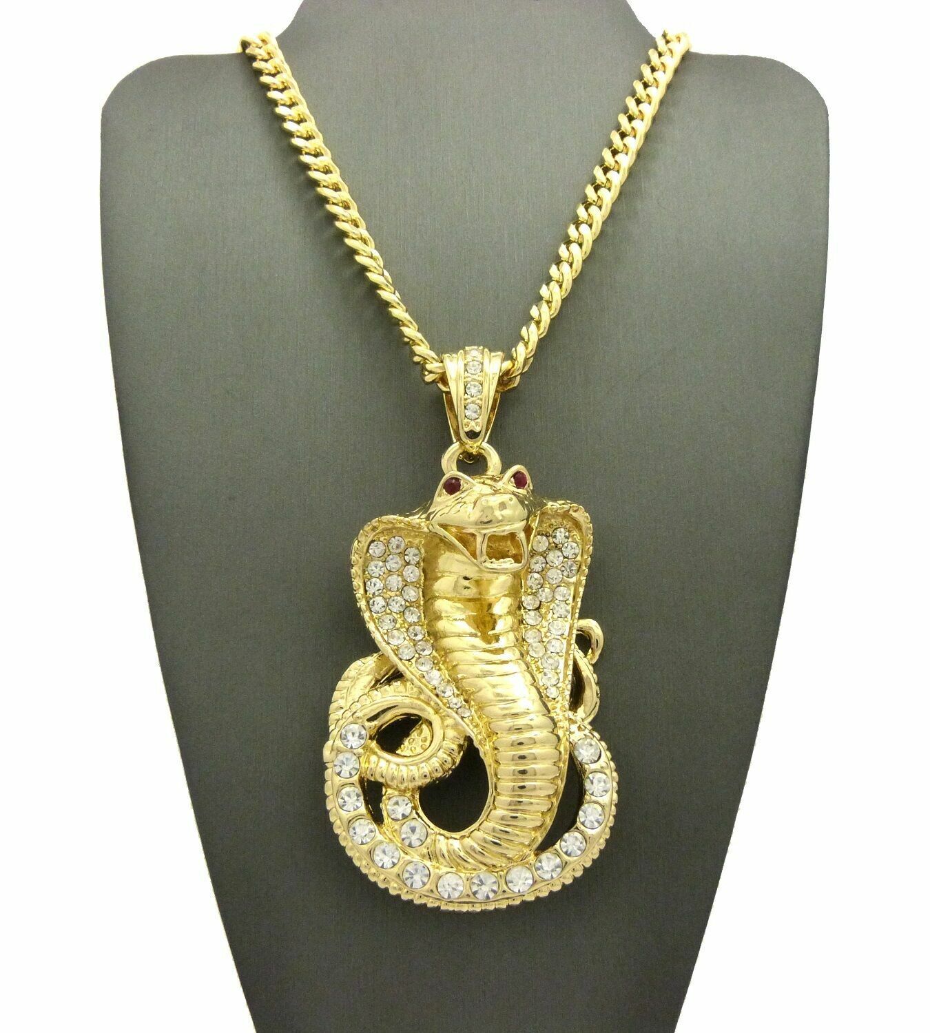 Large Cobra Snake Gold Plated Cubic Zirconia Pendant & 30