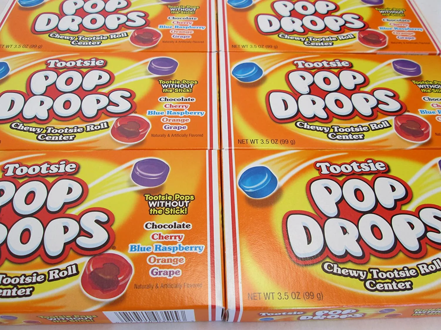 Tootsie Pop Drops Chewy Tootsie Roll Center: Chocolate, Cherry, Blue Raspberry, Orange, Grape Naturally & Artificially Flavored - 6 Pack of 3.5 Oz Boxes
