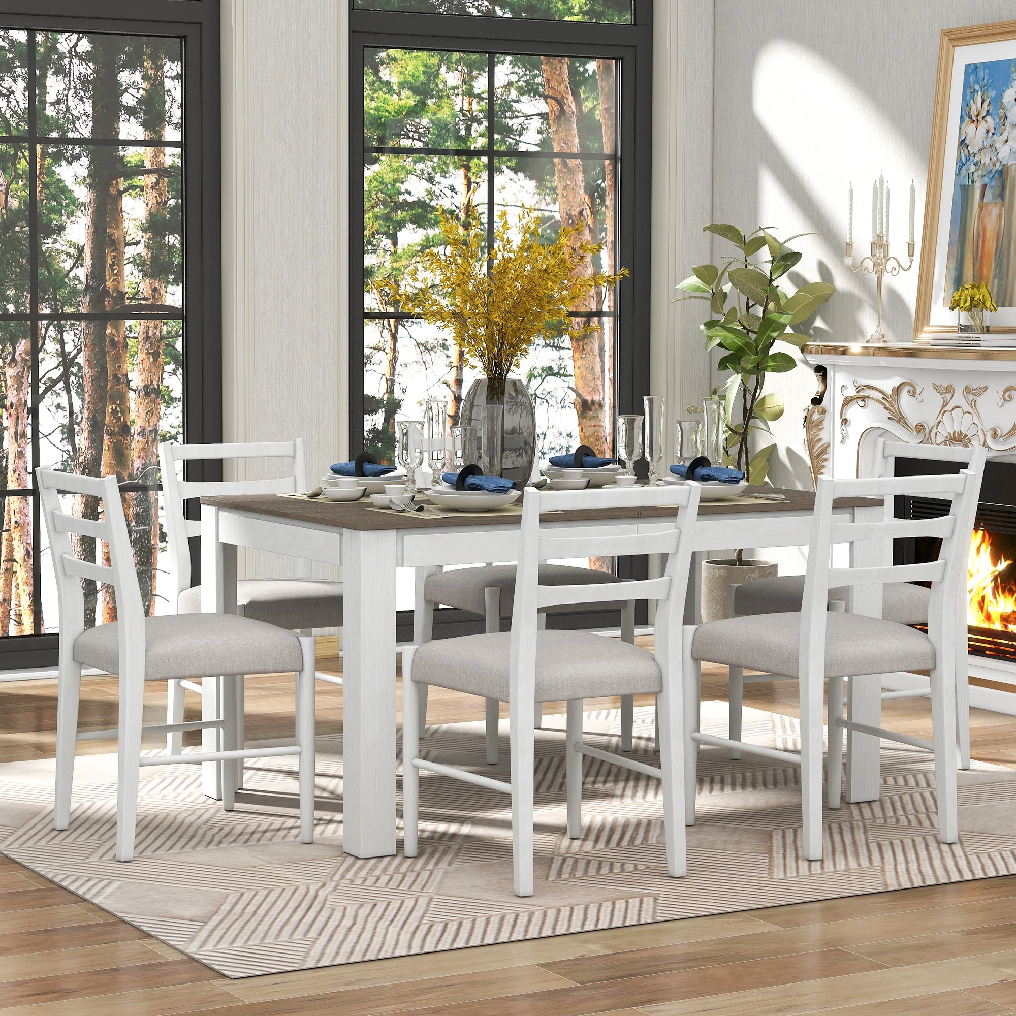 Farmhouse 7 Piece Dining Set Multifunctional Extendable Table with 12” Leaf and 2 Drawers, Table Set with Cushioned Chairs for 6 Persons Dining Room Table Set for Small Place
