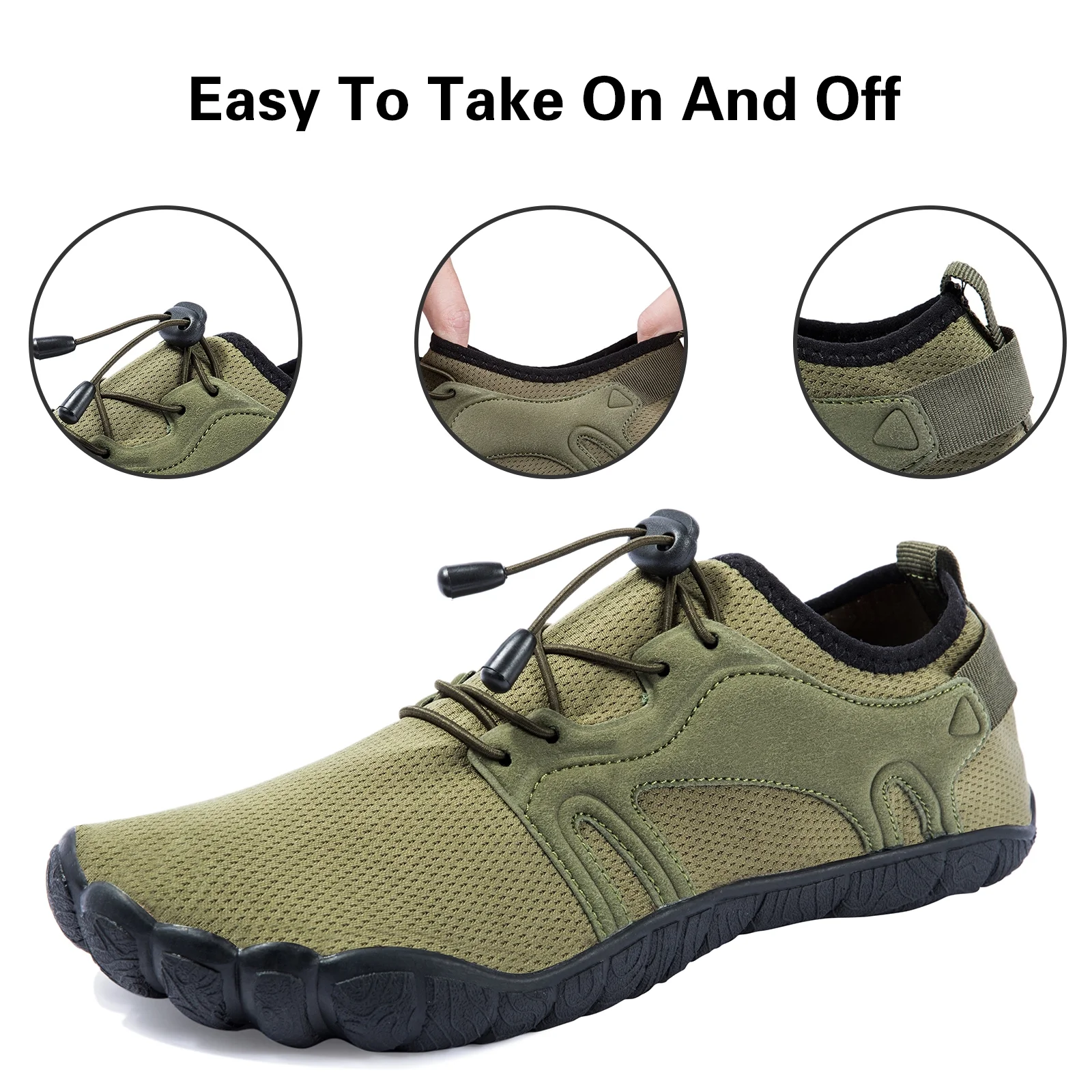 WOTTE Men's Water Shoes Quick-Dry Aqua Sock Barefoot Wide Toe Sports Outfoor Shoes for Beach Swim River Pool Lake Hiking Kayaking Surfing, Army Green Size 11