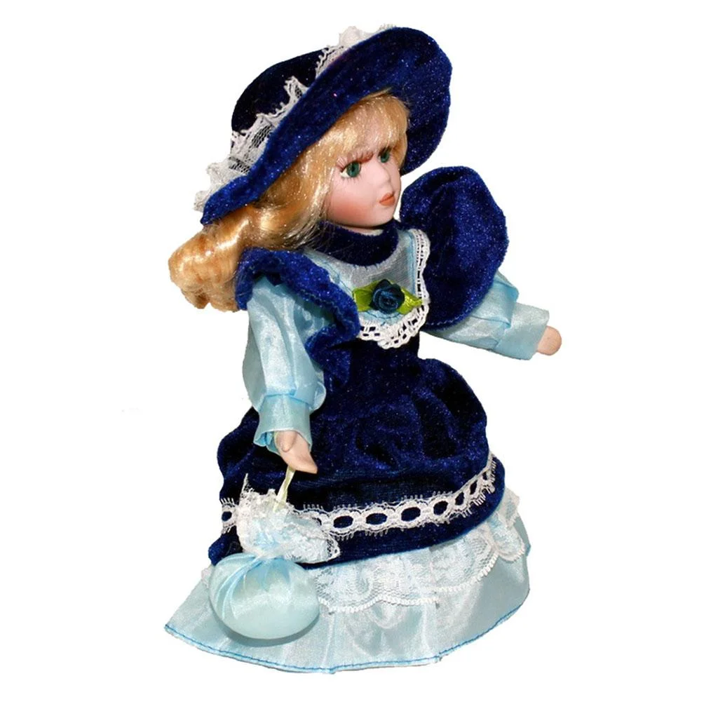 20cm Vintage Mini Porcelain Doll with Fancy Hat Decoration - Blue