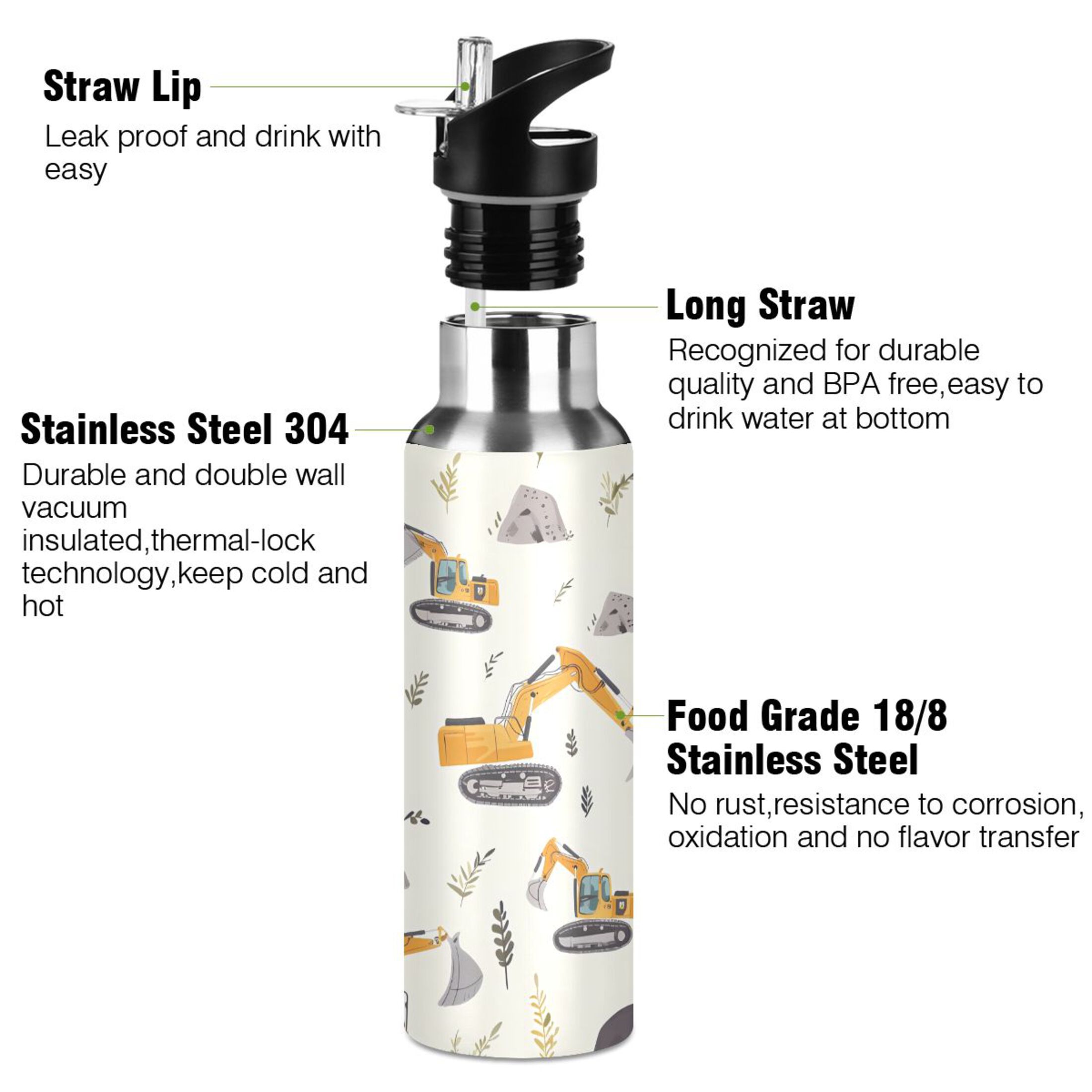Cartoon Excavator Water Bottles Insulated Thermos Kids Stainless Steel Bottle with Straw Lid Flask Leakproof for Sports Gym 20 oz