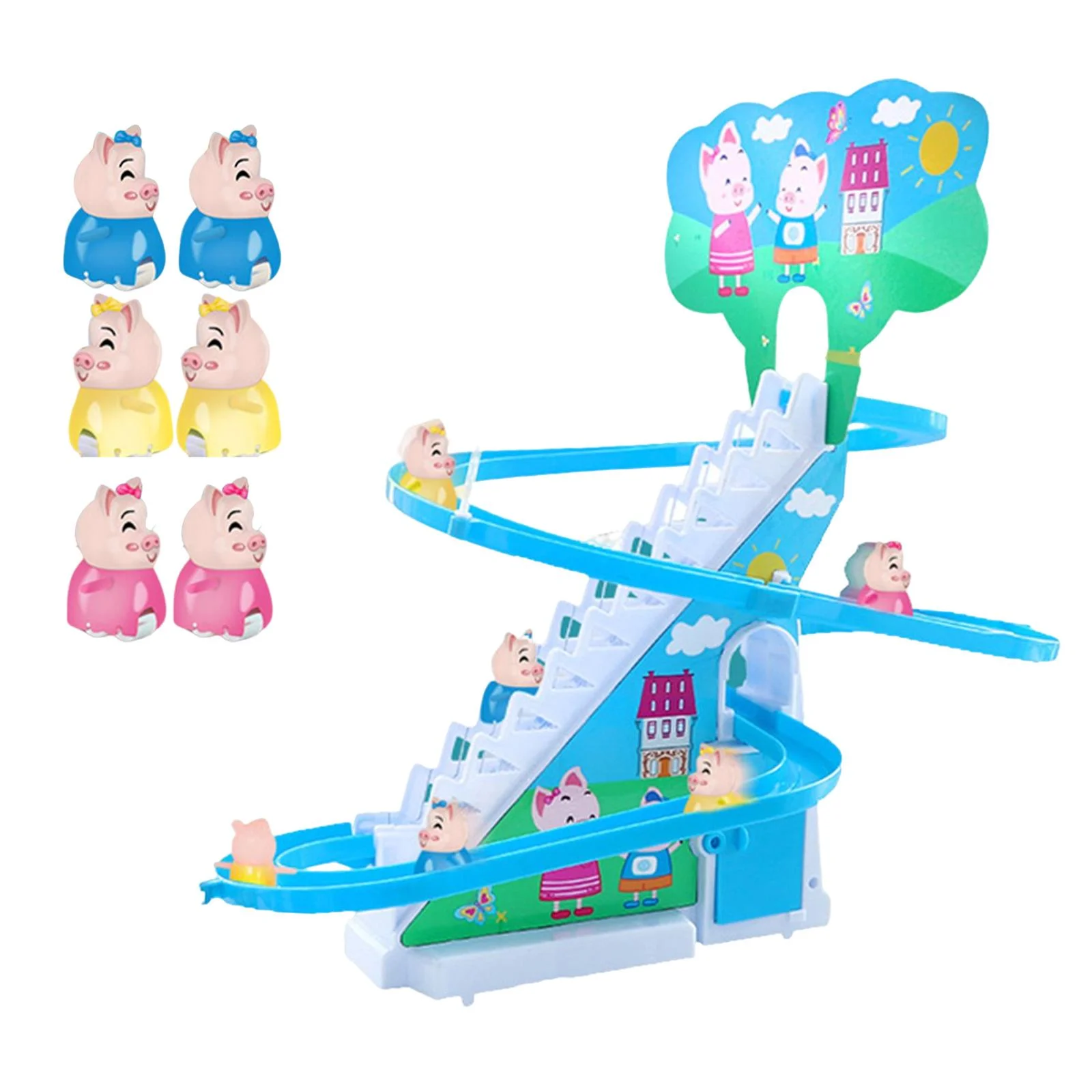 Electric Pig Climbing Stair Toy with LED Flashing Lights Children's Roller Coaster Toy Set Small Toy , 6 Pigs
