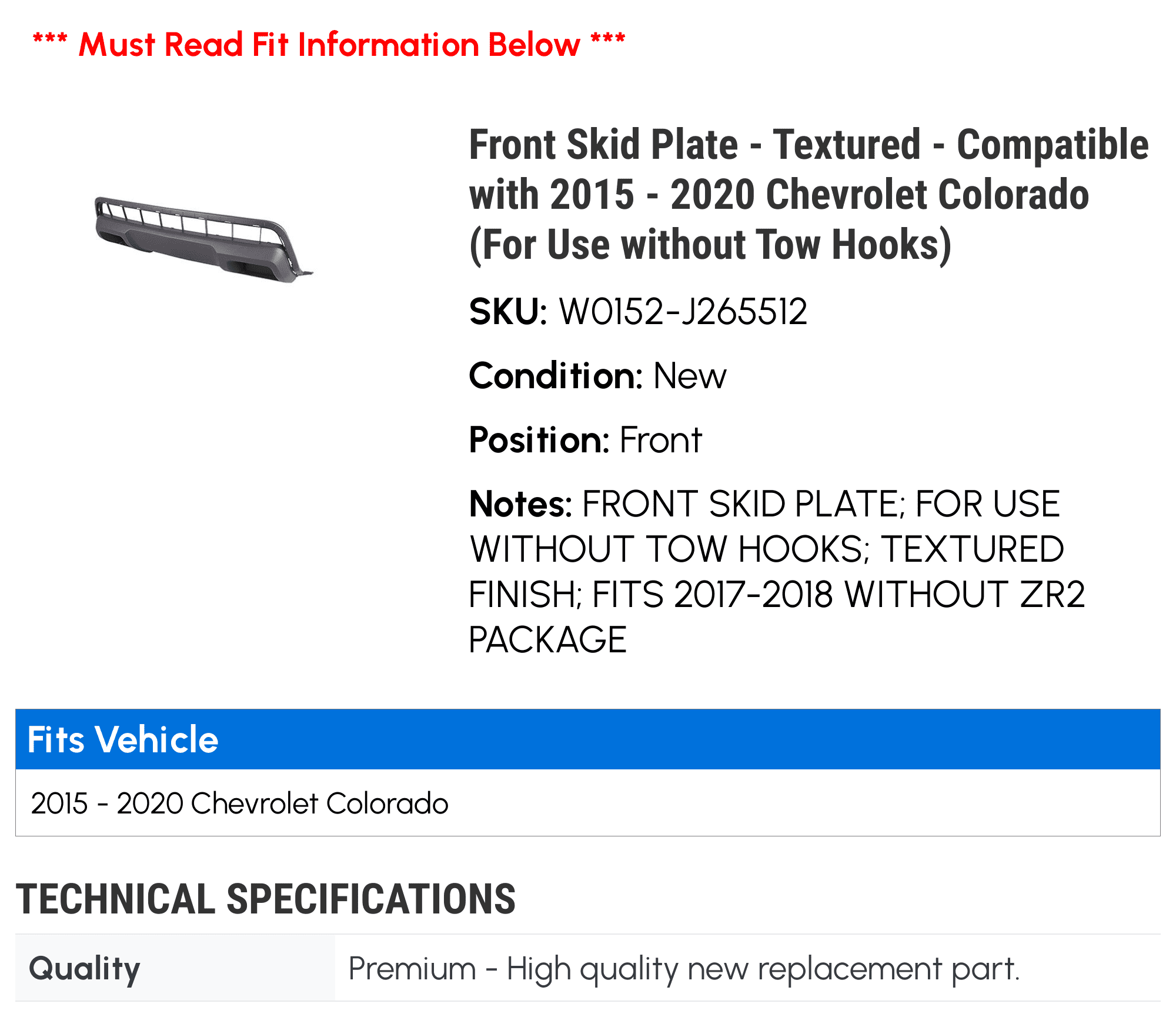 Front Skid Plate - Textured - Compatible with 2015 - 2020 Chevy Colorado (For Use without Tow Hooks) 2016 2017 2018 2019