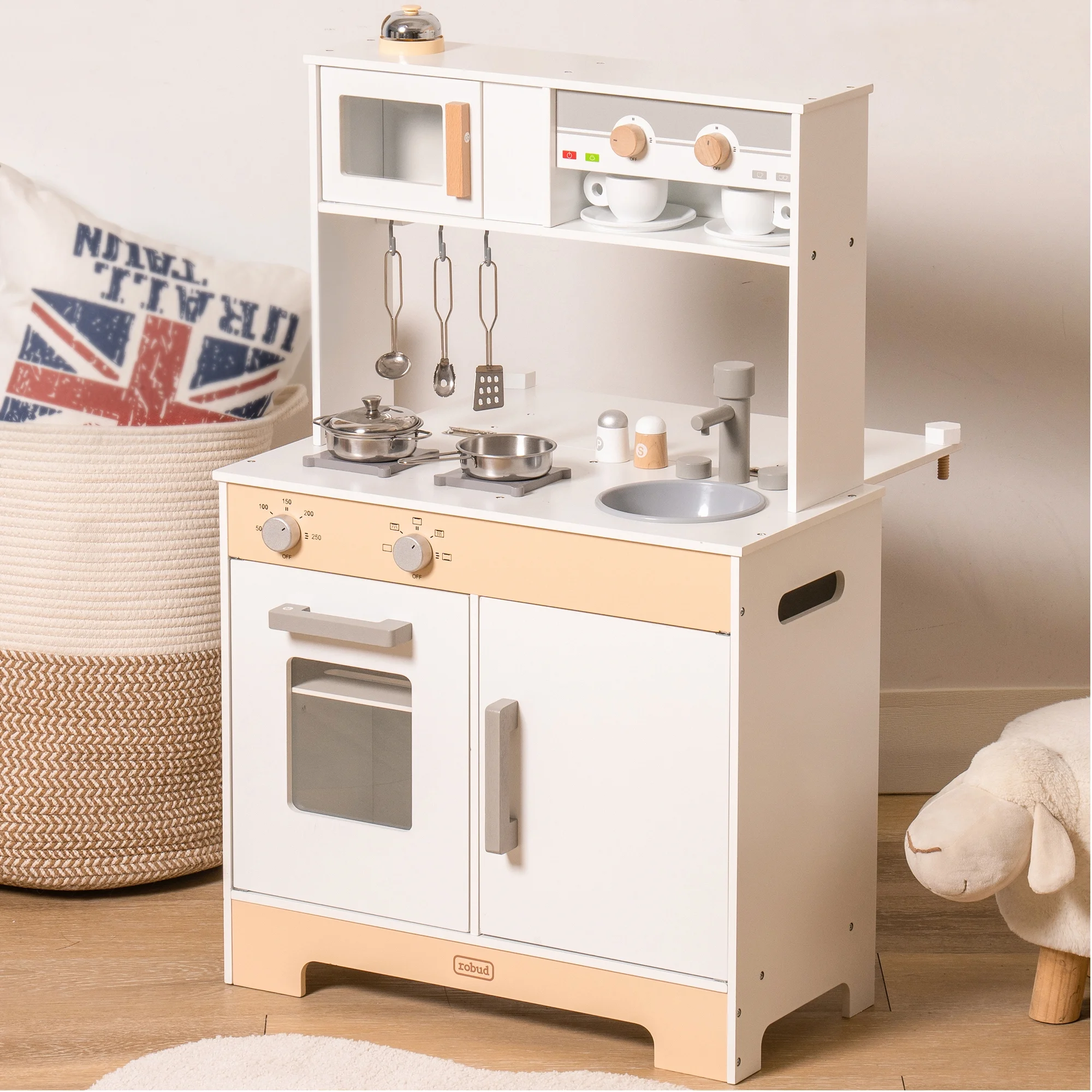 Kidlove 2 in 1 Play Kitchen for Kids Wooden Chef Pretend Play Kitchen Playset with Sounds Food Cookware Accessories Set for Boys Girl Birthday Gifts