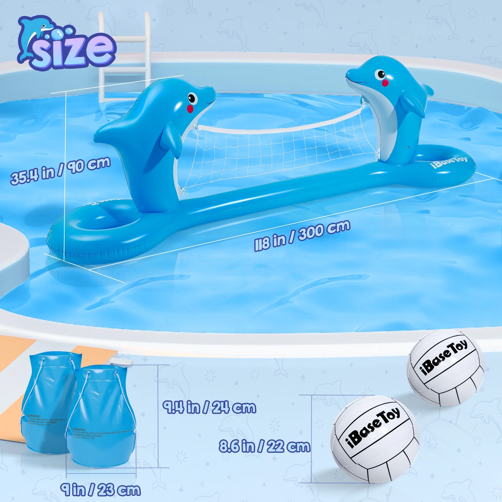 Volleyball Game Set, Floating Volleyball Net Swimming Pool Float Summer Party Game 118”x25. 6”x35” ( Dolphin Style )