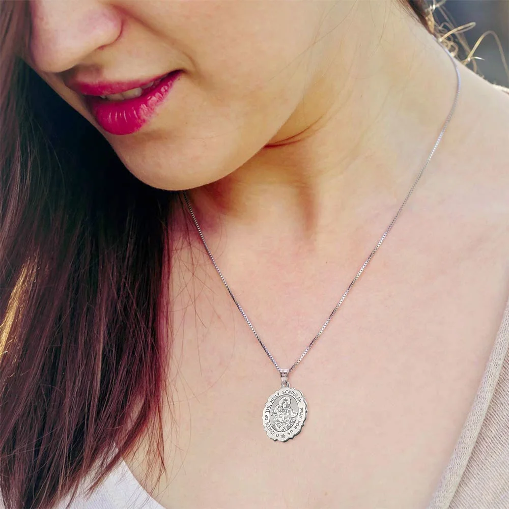 Picturesongold.Com Scapular Religious Scallopped Necklace Pendants Adult Oval 14K White Gold-2/3x3/4