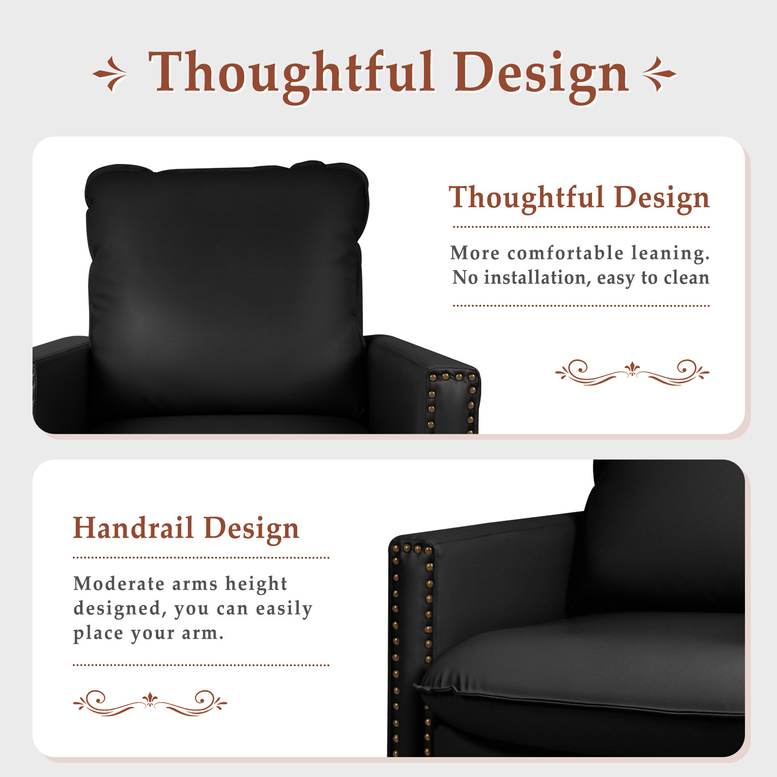 SERWALL Swivel Accent Chair for Living Room, Modern Reading Nook Armchair Faux Leather Club Chair with Cushion for Bedroom, Black