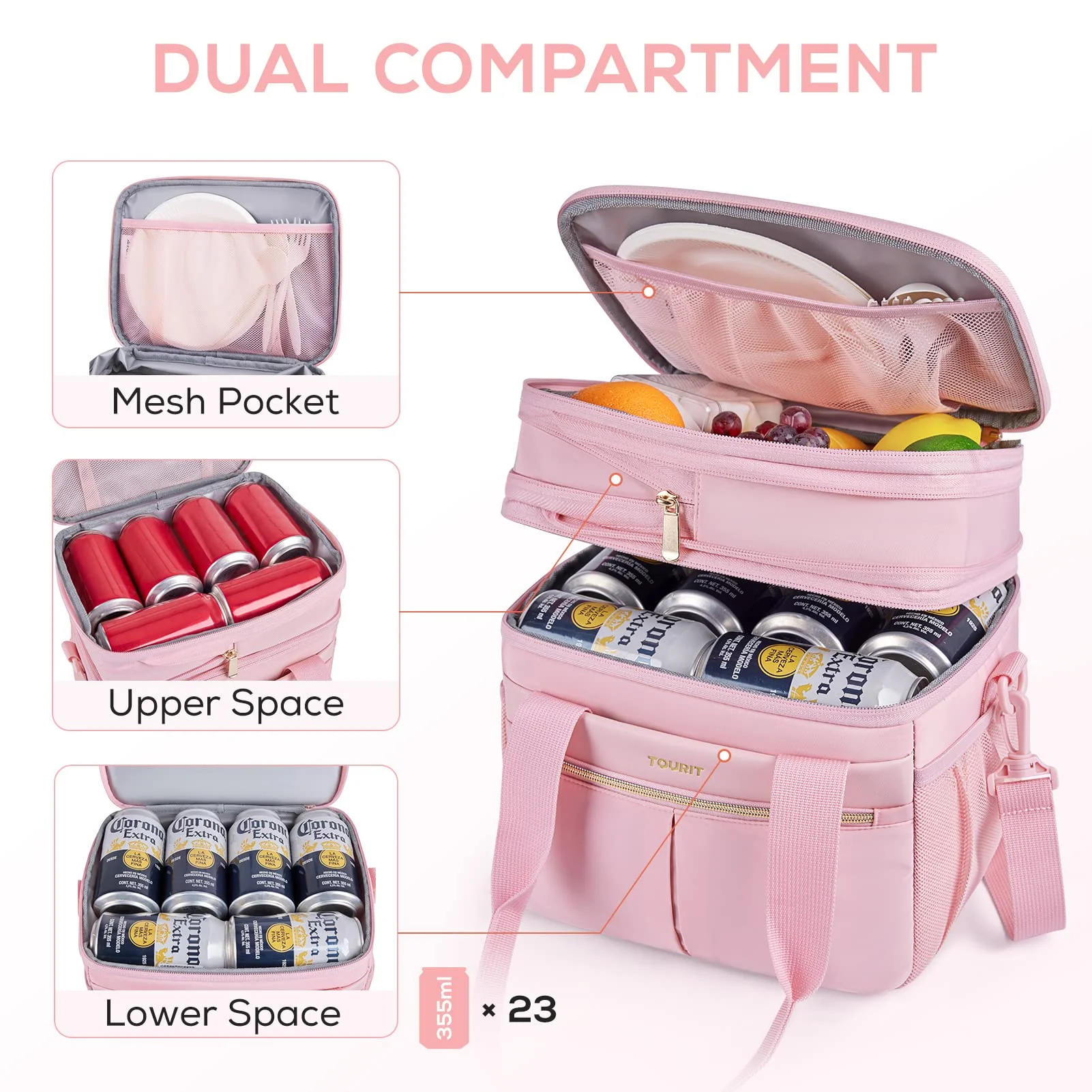 TOURIT 23 Cans Insulated Lunch Bag Expandable Reusable Lunch Box, Tote Cooler Bag with Double Deck & Leakproof Thermal for Women Men, Work School Picnic Beach, Pink