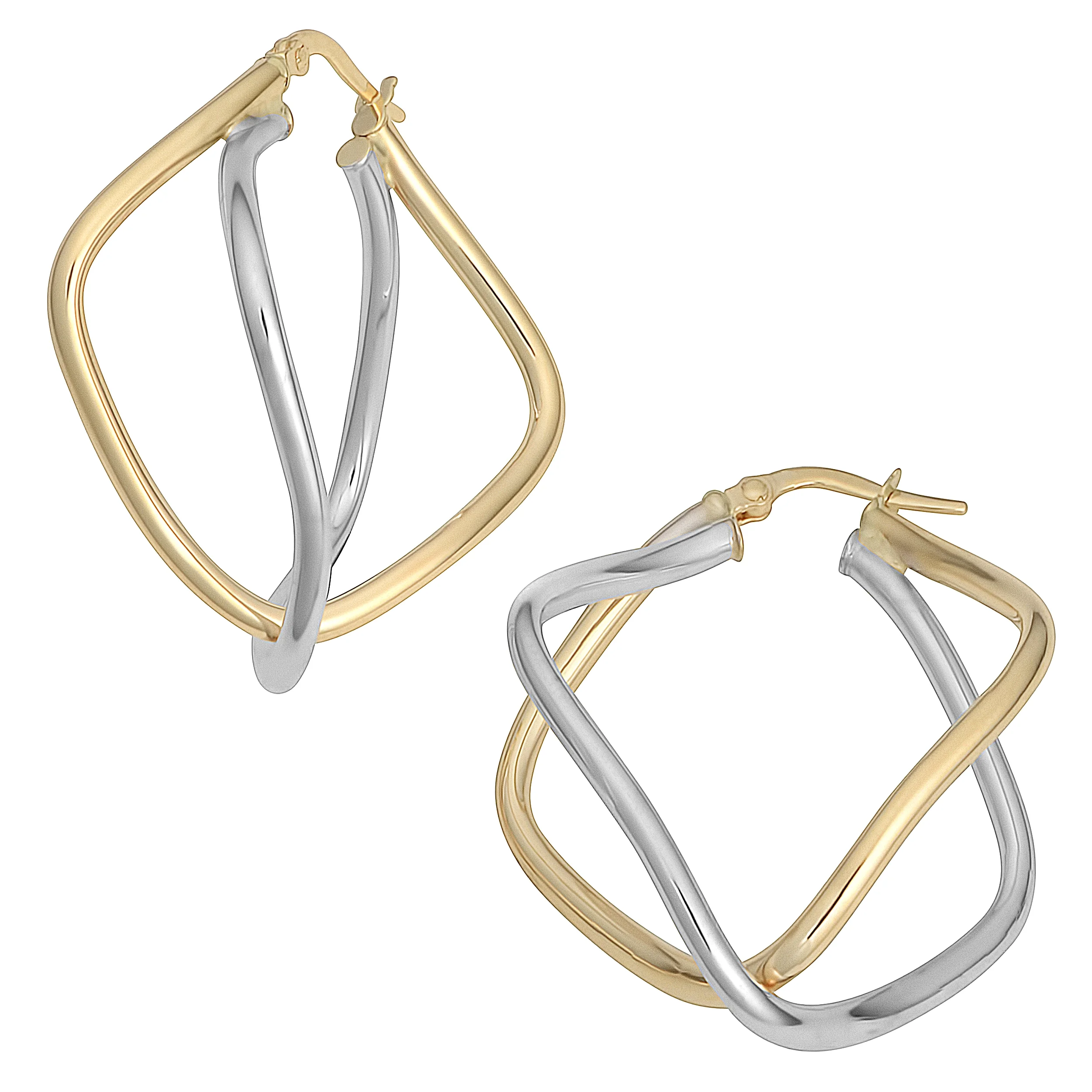 10k Two-Tone Gold Overlapping Double Diamond-Shaped Hoop Earrings