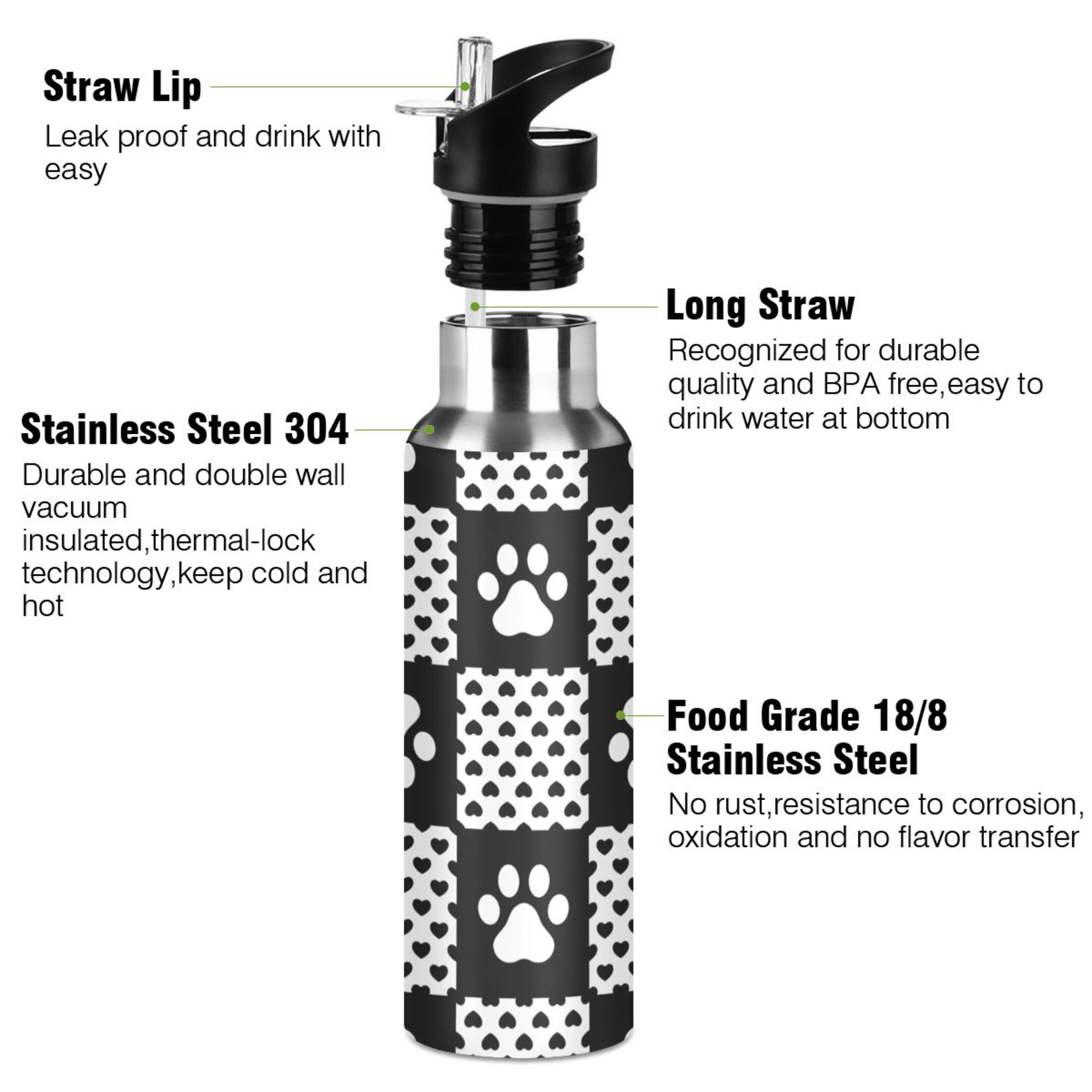 Stainless Steel Water Bottle Dog Paw Prints Heart Checked with Straw Lid Vacuum Insulated Leak Proof Flask Jug for Gym Travel Sports Cycling Outdoor 20 OZ