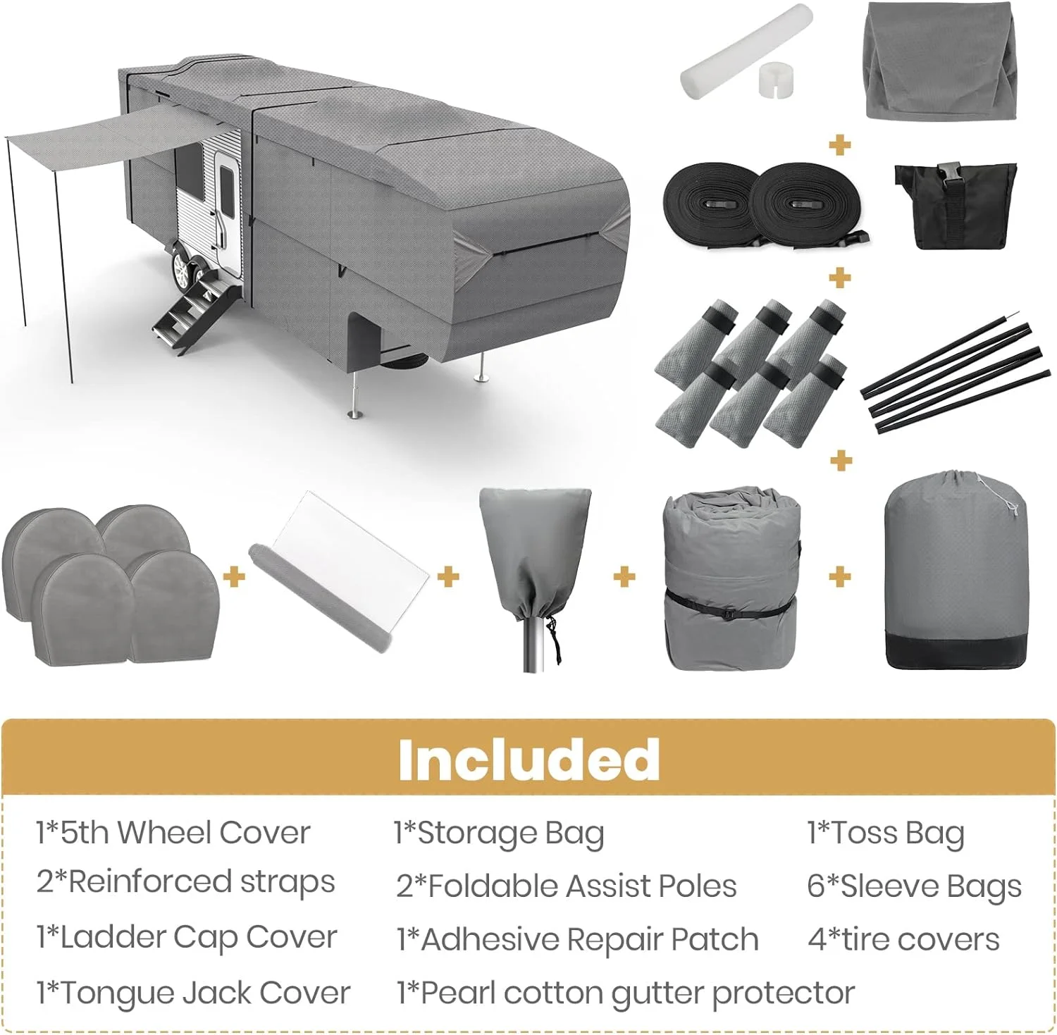 XGear Upgraded Easy Setup 5th Wheel RV Cover Motorhome RV Camper, 5 Layers Anti-UV Top & Rip-Stop with 2Pcs Extra Long-Straps Fits 37'-41'