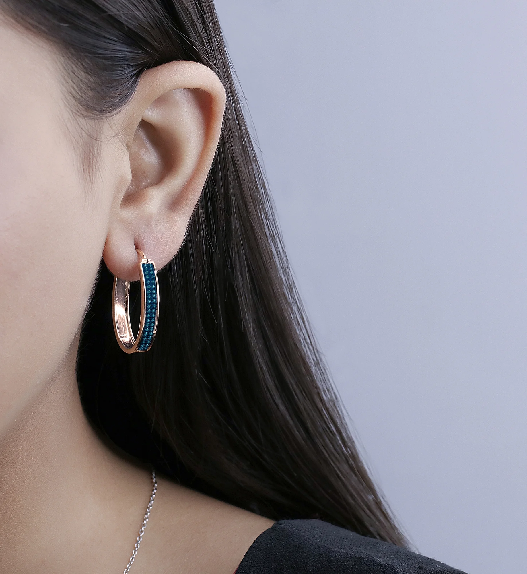 Dazzlingrock Collection Round Blue Diamond Two Lines Oval Shaped Hoop Earrings for Women (0.54 ctw, Color Blue, Clarity I2-I3) in 18K Rose Gold