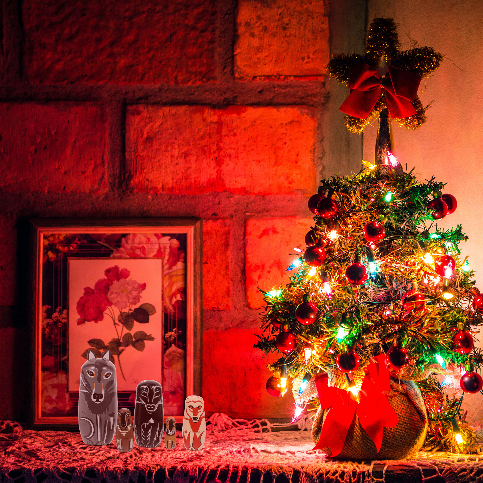 Wolf Matryoshka Doll Painted Wooden Playset Animal Stacking Dolls Home Decor Crafts