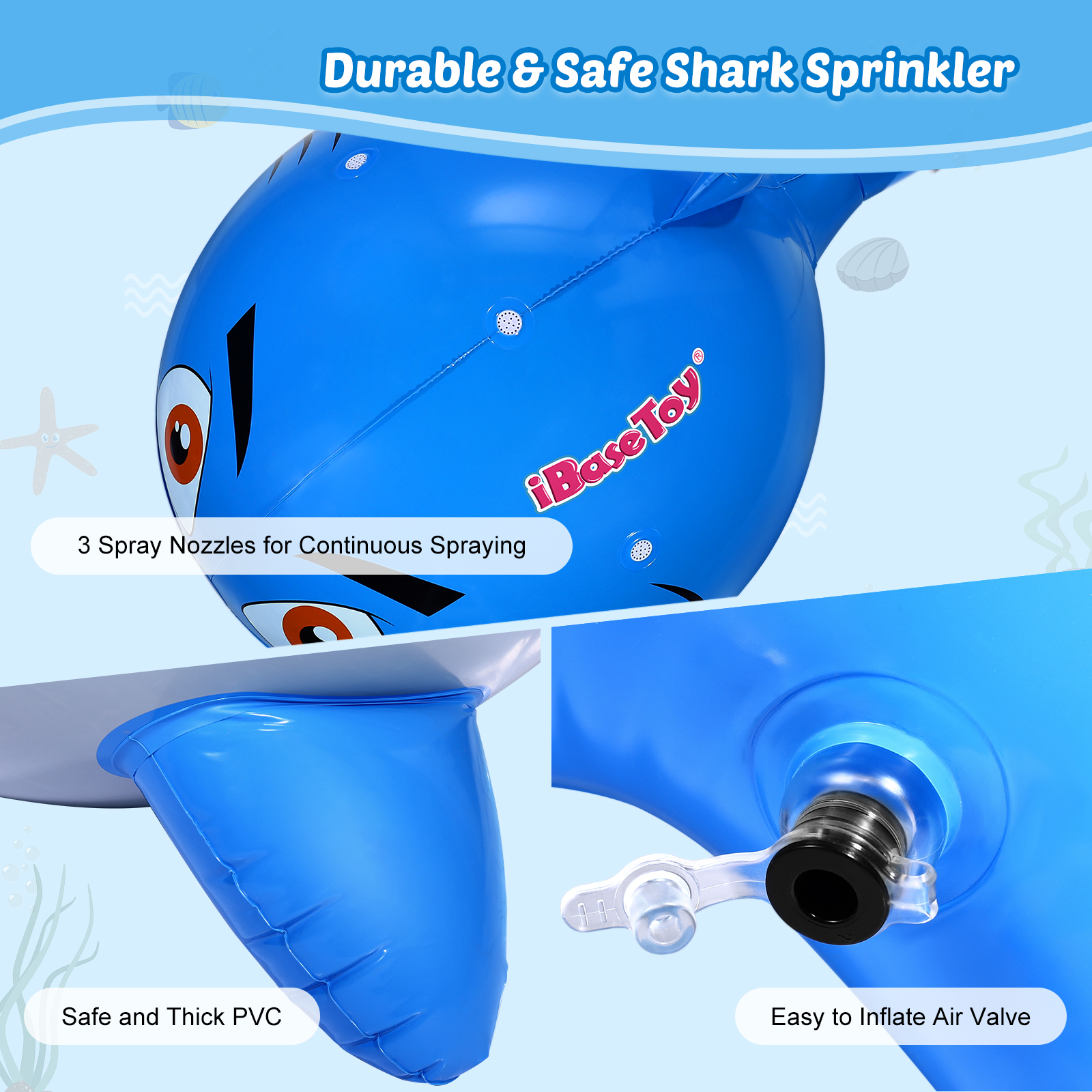 IBASETOY Inflatable Shark Sprinkler Water Ball Air Blownup Sprinkling Ball For Summer Garden Lawn Outdoor Cooling 80x120cm
