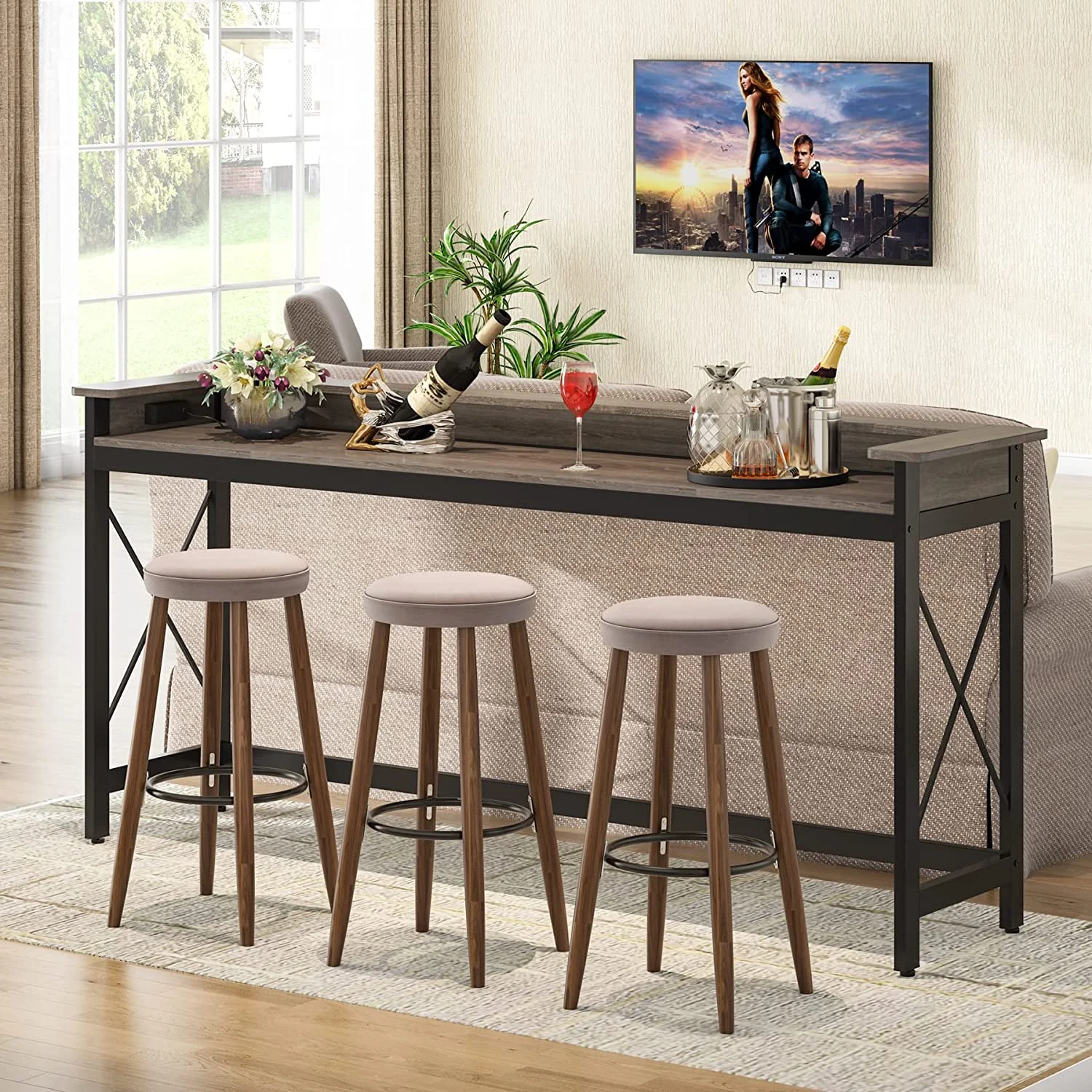 Tribesigns Sofa Table with Outlets and USB Ports, 70.9 inch Long Console Table Behind Couch Grey