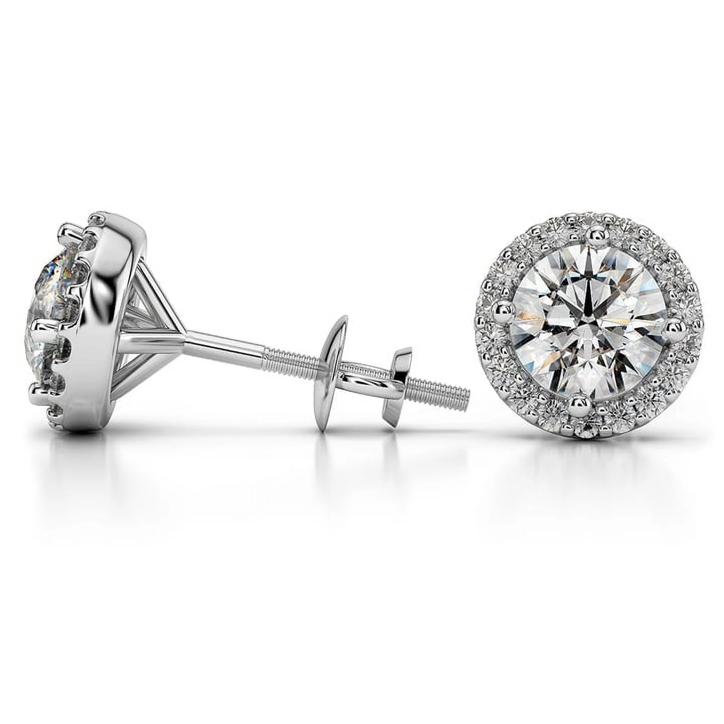 18K White Gold Round-cut Diamond Halo Stud Earrings (1/2-3 ct, White, I1-I2) Screw-Back by Caratup