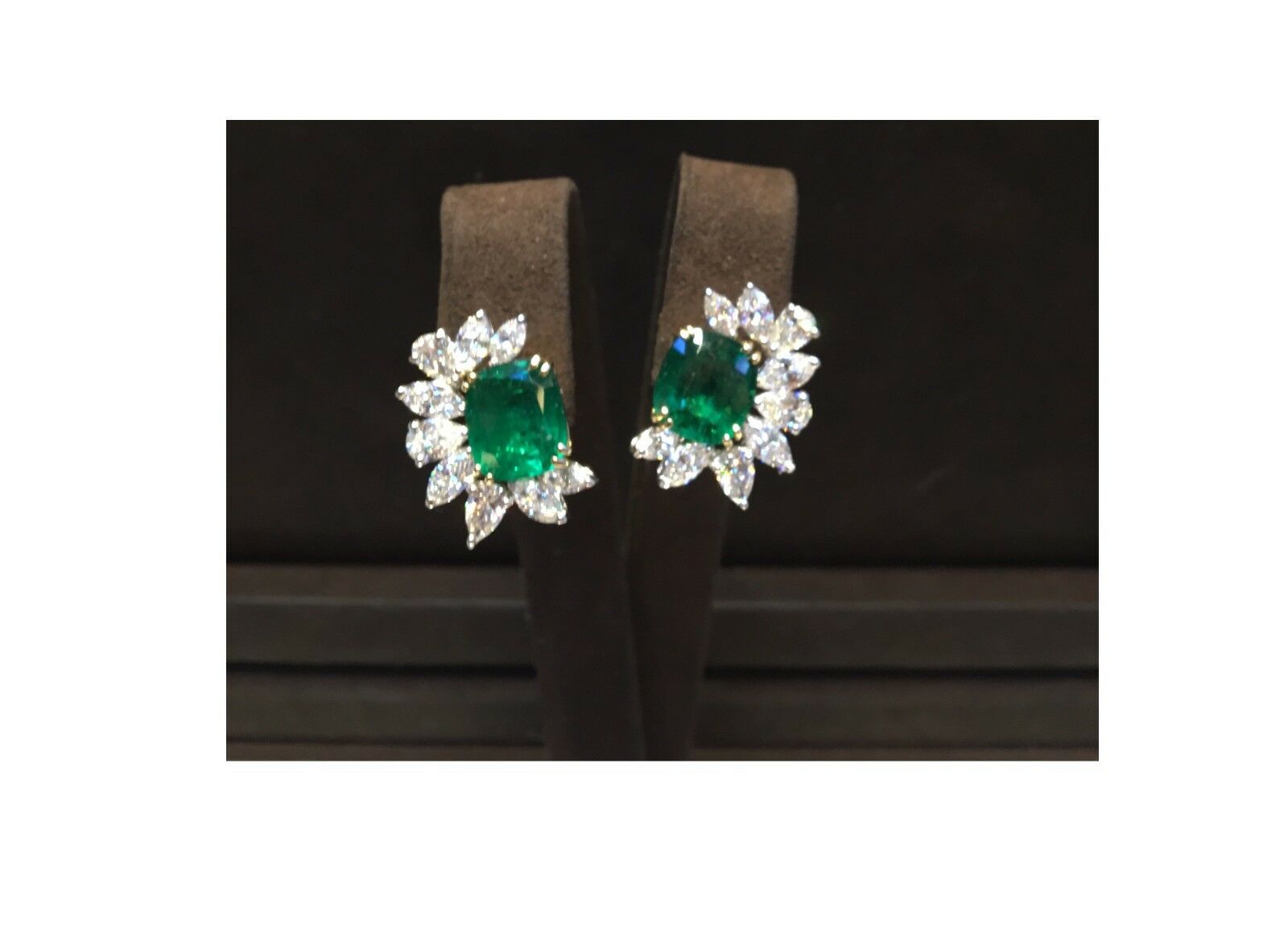 EMERALD TWO CUSHION SHAPE EARRING SET DIAMOND MARQUISE PEAR SHAPE PLATINUM