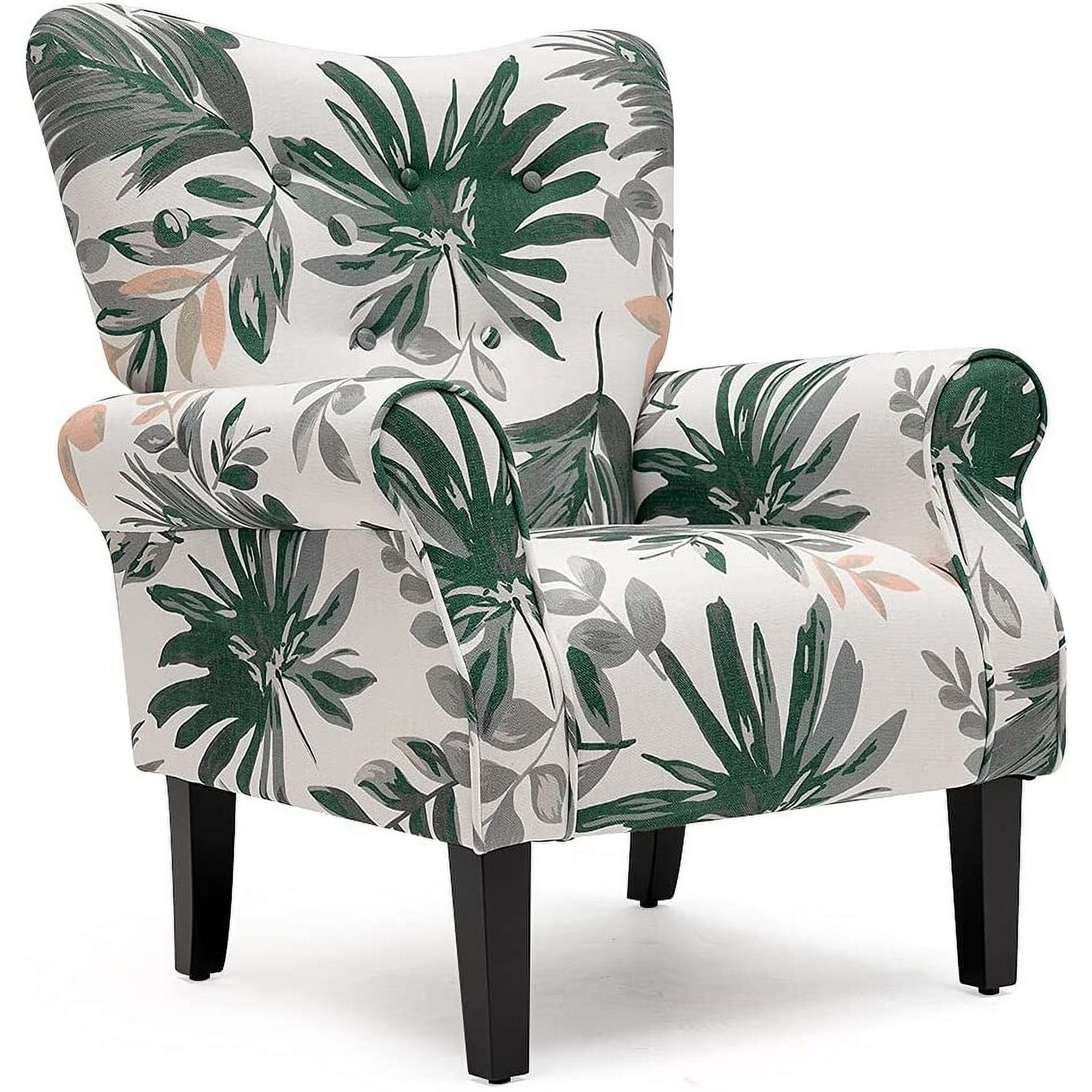 Erommy Wing back Arm Chair, Upholstered Fabric High Back Chair with Wood Legs Green leaves Floral