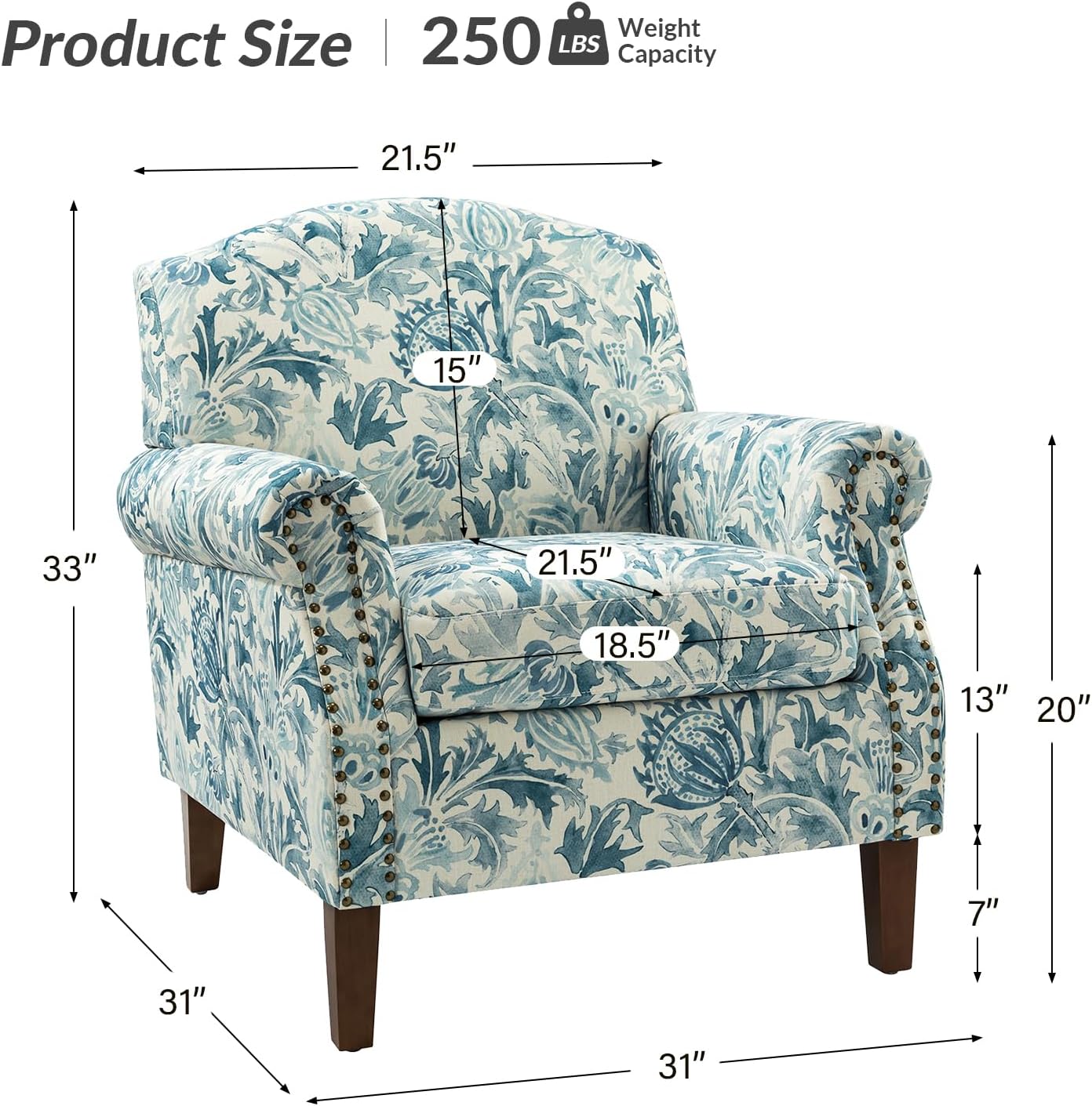 Modern Accent Chair With Wood Legs & Removable Cushion, Comfy Upholstered Armchair Nailhead Trim, Floral Design Single Sofa Cozy Club Chair For Living Room Bedroom Reading Office, Aegean