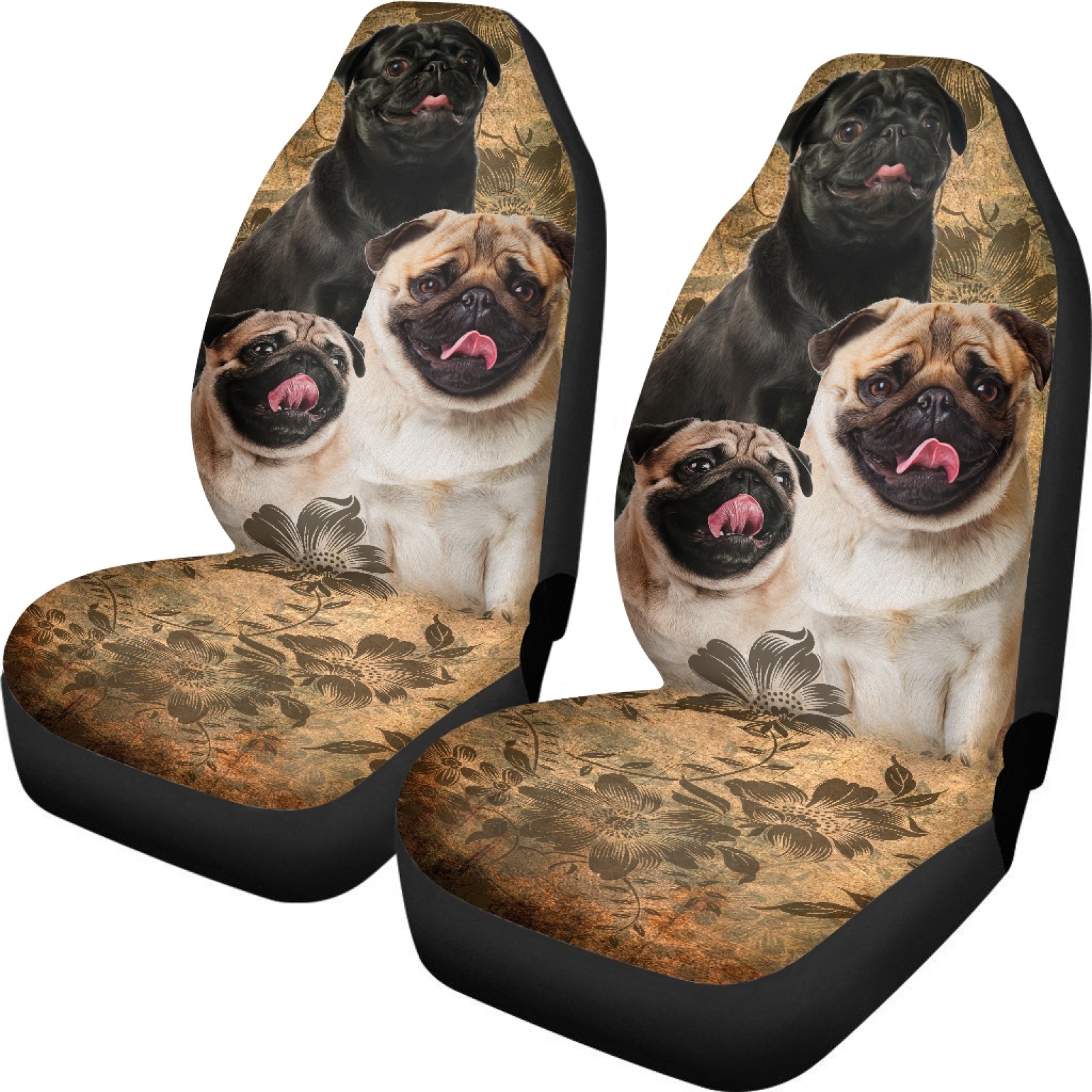 Xoenoiee Pug Dog Floral Print Seat Covers for Cars, Set of 2 Pcs Universal Vehicle Bucket Seat Protector Cushion Pads Auto Seat Interior Accessories