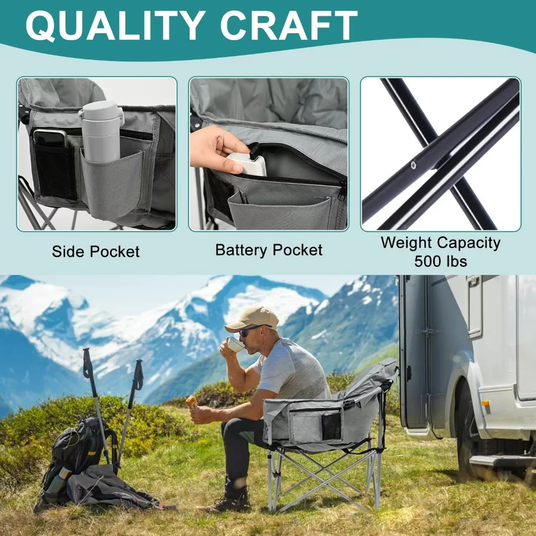 Docred Heated Camping Chair w/Lumbar Support,Adults Padded Portable Camping Chair Outdoor Heated Chair, Carry Bag, Gray