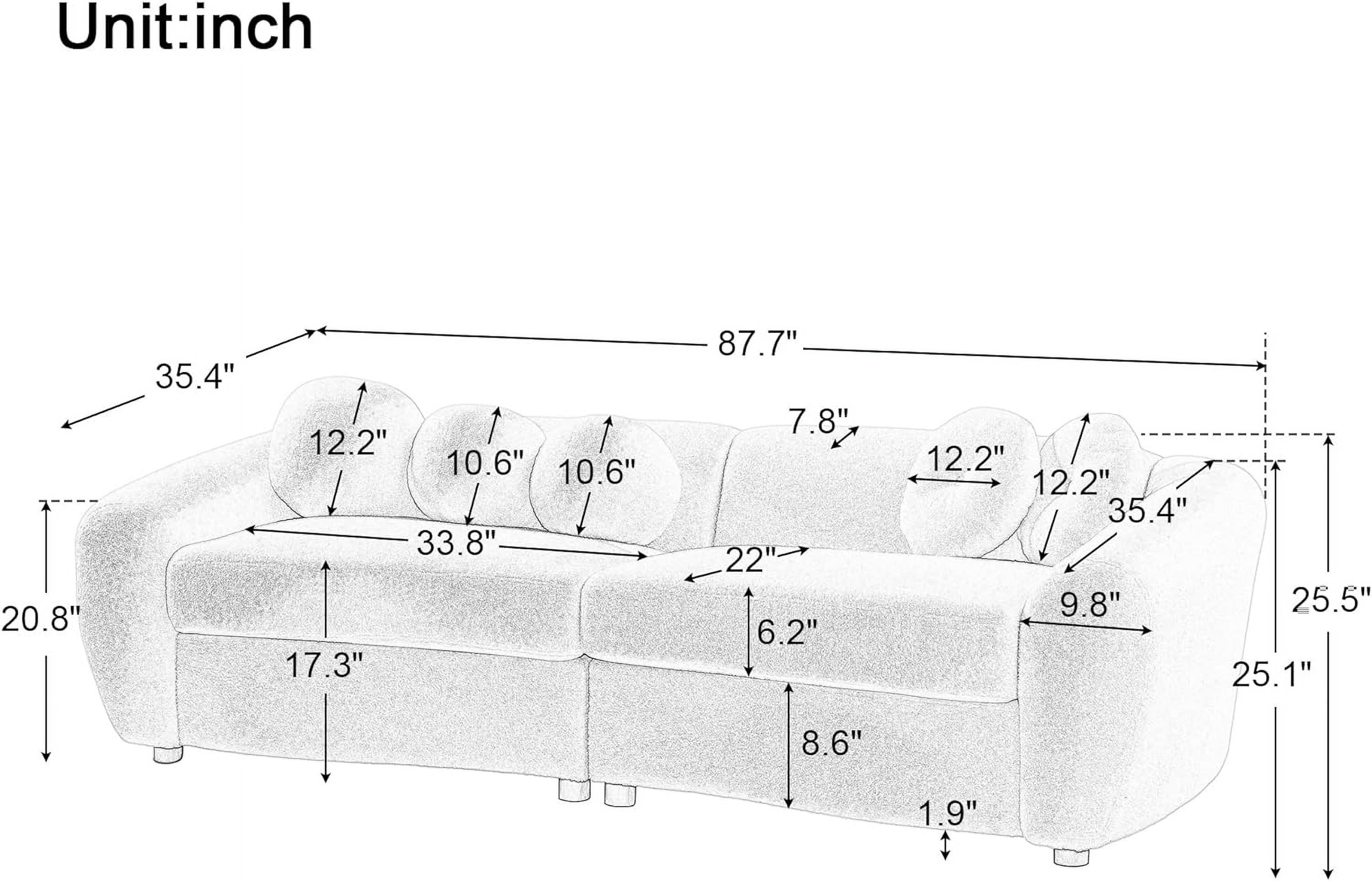 Moder Upholstered Sofa Couch, Luxury 3 Seater Sofa Couch With 5 Decorative Throw Pillows, Comfy Curved Sofa Leisure Deep Seat Cloud Sofa For Livig Room, Teddy Fabric-Grey