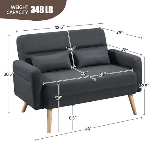 LLBIULife 46" Small Modern Fabric Sofa Loveseat Mid Century 2 Seater Sofa Couch with Lumbar Pillows  Solid Wood Legs for Small Space  Dorm  Office  Bedroom  Dark Gray